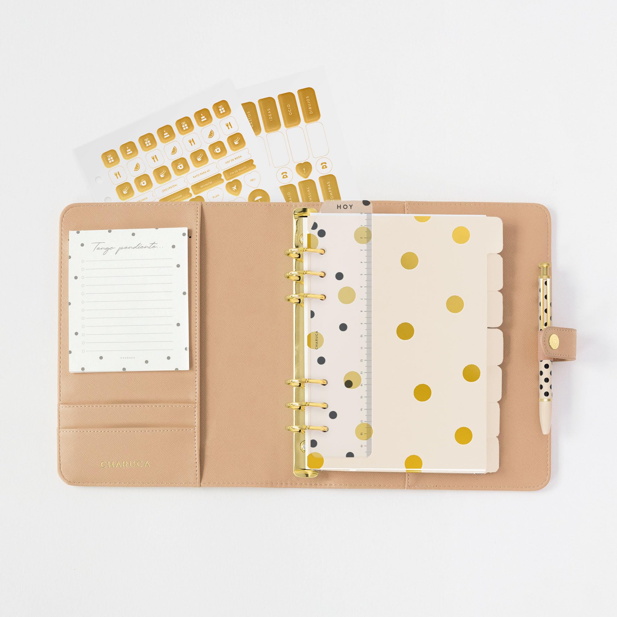 CHARUCA | Agenda de Anillas Sin Fecha con Pack Recambio de Agenda sin fecha+notas + Bloc Notas - Papel A5 120 Grs, Set Pegatinas, 7 Separadores, Regla Separadora, Medidas 22X16 cms. Mocca.