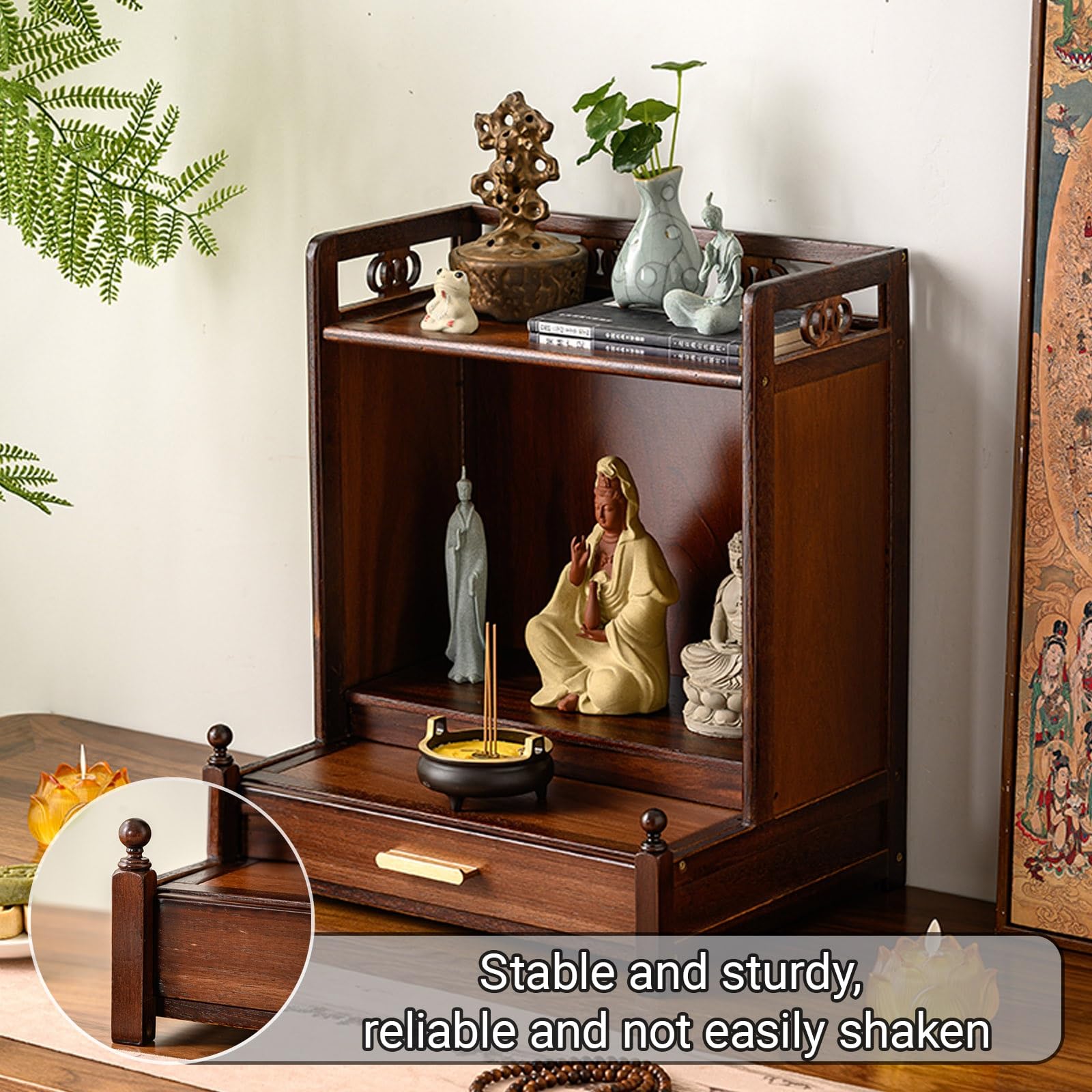 Genérico Nuevo Santuario Budista Chino de Madera Maciza para Montaje en Pared, Soporte para Estatua de Buda de Escritorio/Pared con Puerta, Mesa de Altar para Estatua de Buda (de Escritorio