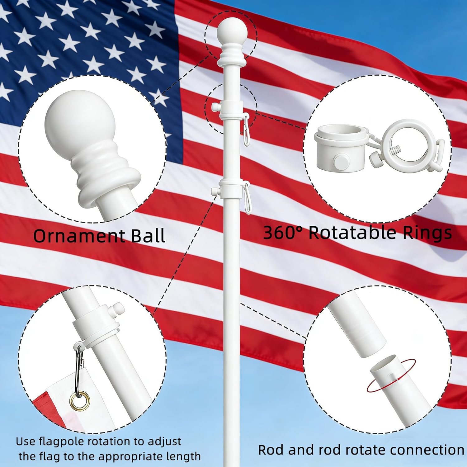 Hoffen 6 FT Stainless Steel Flag Pole Kit for Outside House with Upgraded Bracket, Tangle Free American Flag Pole for Residential or Commercial, White