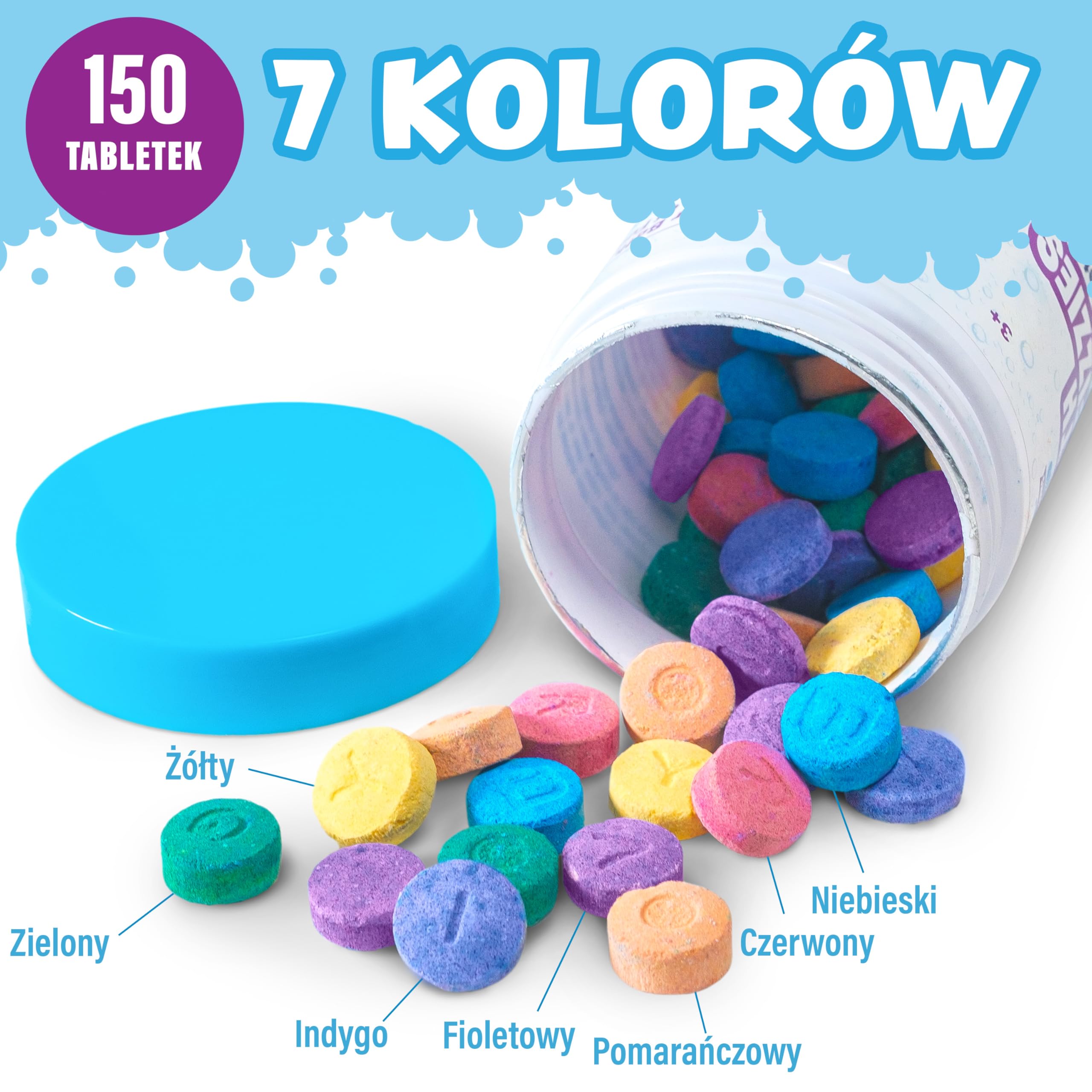 Tub Works® Kolorowe Pastylki do Kąpieli 150 szt | Nietoksyczne & Bezzapachowe | Kolorowe Tabletki do Kąpieli dla Dzieci | Twórz Kolory Podczas Kąpieli | Pastylki Do Wody w 7 Kolorach | Kule Do Kąpieli