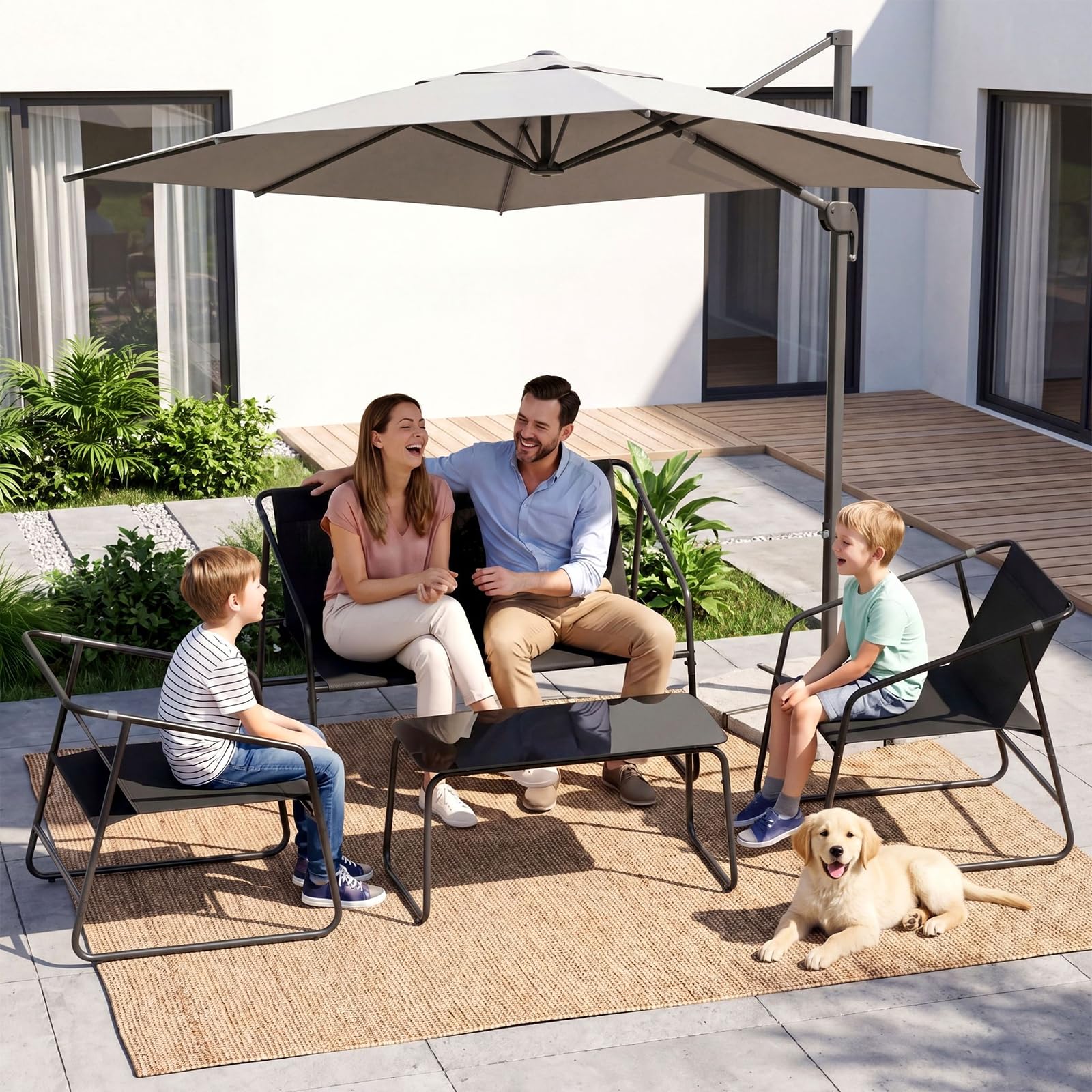 LIFERUN Salon de Jardin 4 Pièces pour 4 Personnes, Ensemble Outdoor en Tissu Textilène avec Canapé, 2 Fauteuils et Table Basse, Résistante aux Intempéries, pour Balcon Terrasse Jardin, Noir