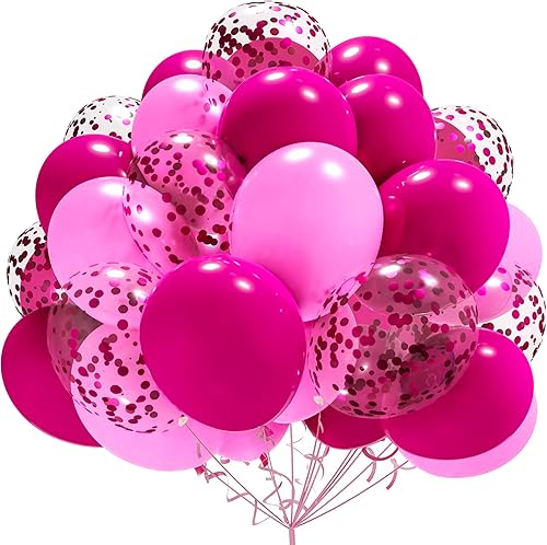 AULE Globos de color rosa intenso y rosa de 12 pulgadas, 60 piezas de globos de látex magenta de alta calidad, cinta de 64 pies para decoraciones de