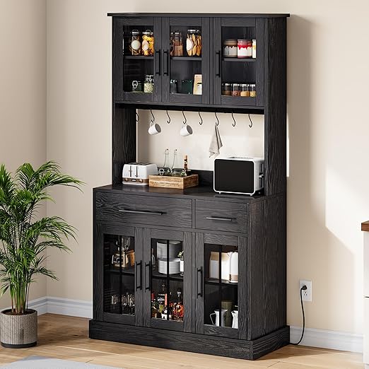 GOOBED 71" Pantry Cabinet with Power Outlet, Tall Kitchen Pantry Storage Cabinets with Microwave Stand, Farmhouse Kitchen Hutch with Drawers, Hook, Door and Shelves for Home Living Dining Room, Black