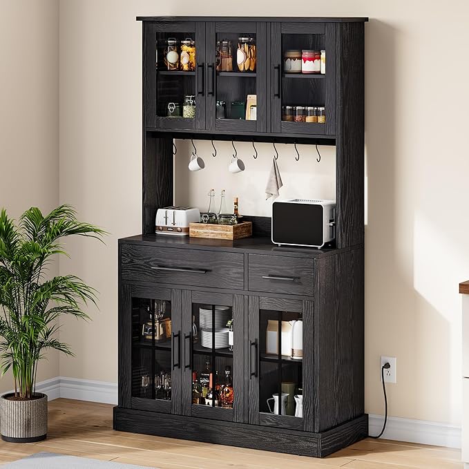 GOOBED 71" Pantry Cabinet with Power Outlet, Tall Kitchen Pantry Storage Cabinets with Microwave Stand, Farmhouse Kitchen Hutch with Drawers, Hook, Door and Shelves for Home Living Dining Room, Black