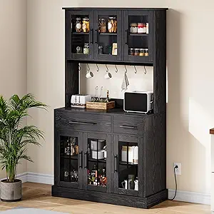 GOOBED 71" Pantry Cabinet with Power Outlet, Tall Kitchen Pantry Storage Cabinets with Microwave Stand, Farmhouse Kitchen Hutch with Drawers, Hook, Door and Shelves for Home Living Dining Room, Black