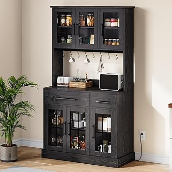 GOOBED 71" Pantry Cabinet with Power Outlet, Tall Kitchen Pantry Storage Cabinets with Microwave Stand, Farmhouse Kitchen Hutch with Drawers, Hook, Door and Shelves for Home Living Dining Room, Black