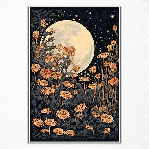 Lienzo decorativo vintage de flores de luna, póster retro místico de luna celestial, impresión de campo de flores silvestres amarillas rústicas, luz