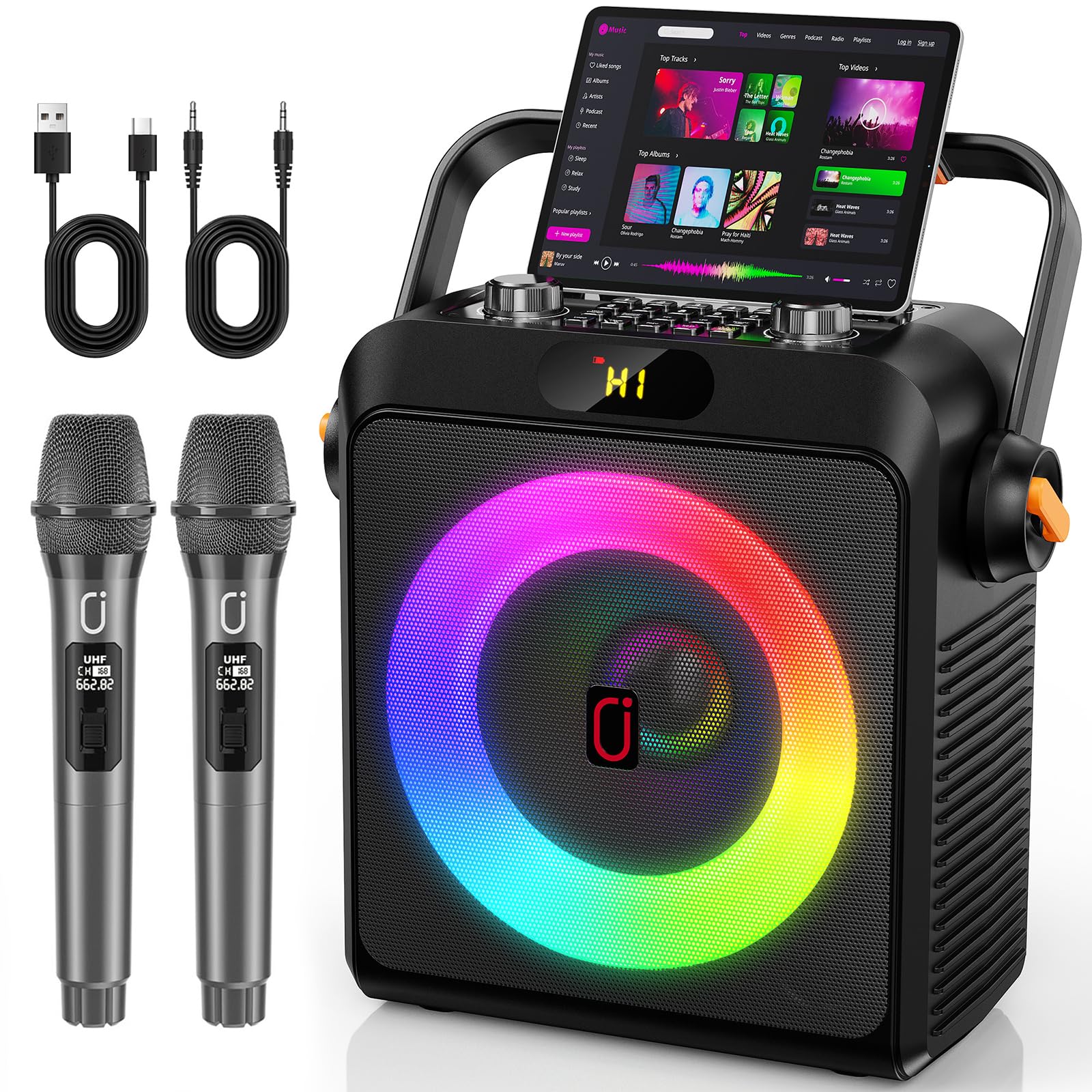 JYX Machine de Karaoké avec 2 Microphones sans Fil pour Adultes Enfants, TWS stéréo, 80 W Puissance Karaoke Professionnel avec 4 Mode Egaliseur Intégré, Karaoke Complete Supportant REC/AUX/USB/TF