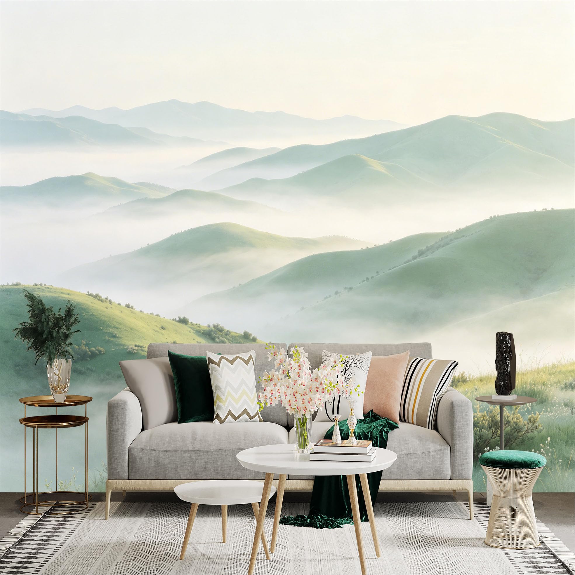 Lnzczhyre Dbh260521065 Custom Size Wall Sticker Mural， Misty Green Hills， Rolling Landscape， Morning Fog Over Nature， Serene Mountain View， For Wall Decoration， Peelandstick Wall Decals.