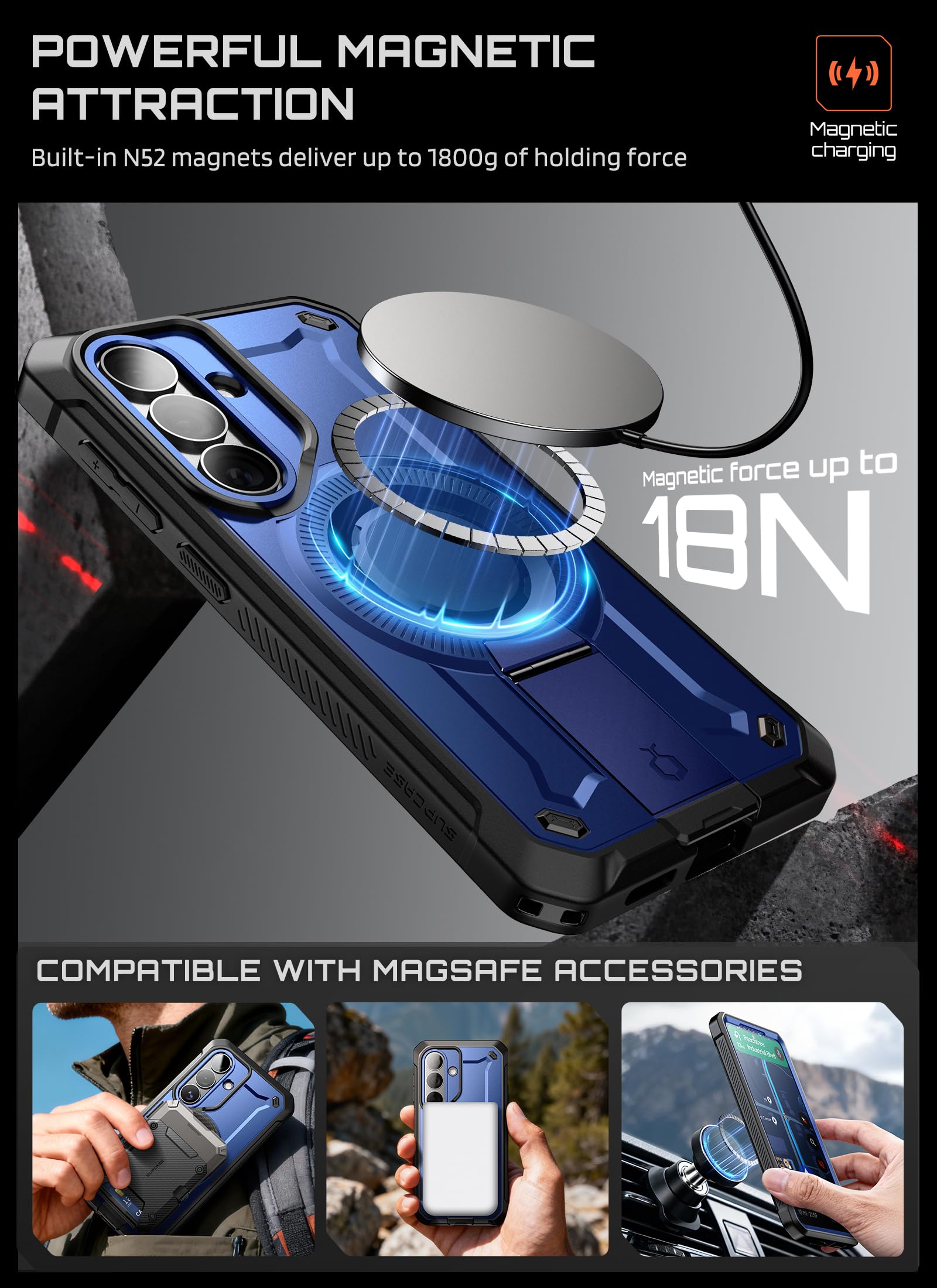 SUPCASE Etui do Samsung Galaxy S26 ze stojakiem (UB Pro Mag), [2 przednie ramki] [Kompatybilne z MagSafe] [Wbudowana folia ochronna na ekran i klips do paska], Kobalt
