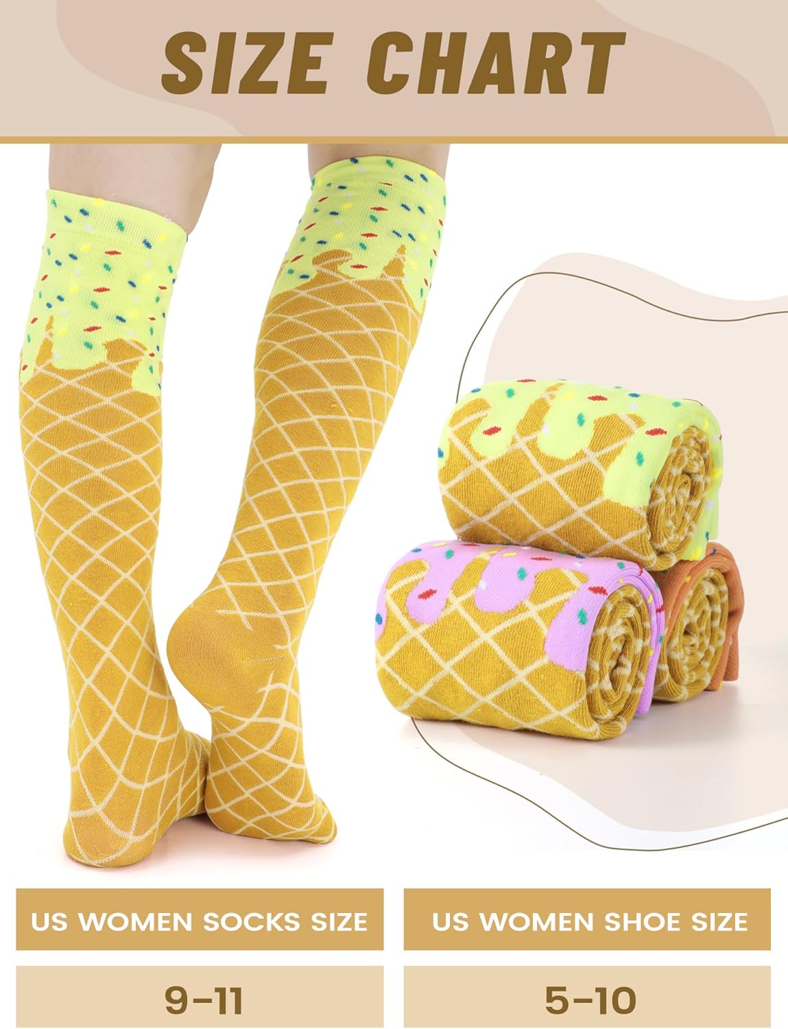 3 Pairs Ice Cream Drip Knee High Socks for Women Girls Funny Crazy Ice Cream Baseball Socks for Party Gifts - Image 5