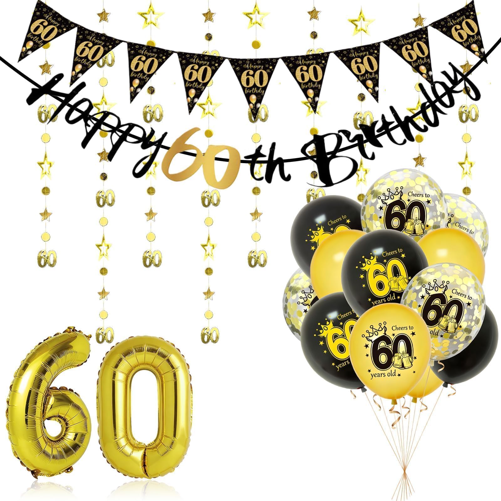 16Pcs 60th Happy Birthday Decorations, 12 60th Birthday Balloons 1 Happy 60th Birthdays Banners 1 Gold Star Garland and 2 Number 60 Balloons, 60th Birthdays Decorations for Women