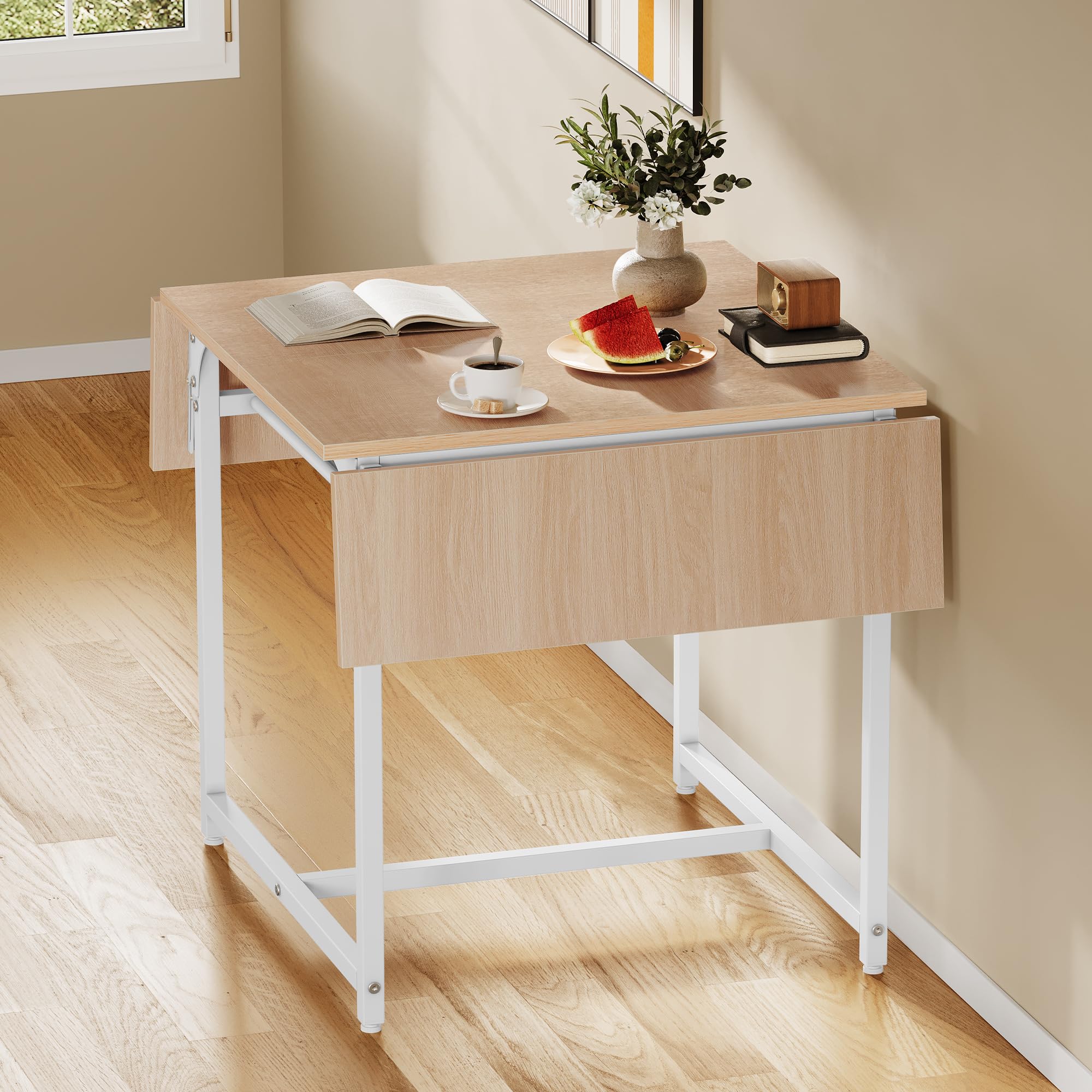 YITAHOME Table à Manger Pliante, Table à Feuilles Extensible avec Porte-Bagages et 4 Jambes réglables, sièges 2-6 Personnes, 120 x 78 x 75cm, chêne Jaune et Blanc
