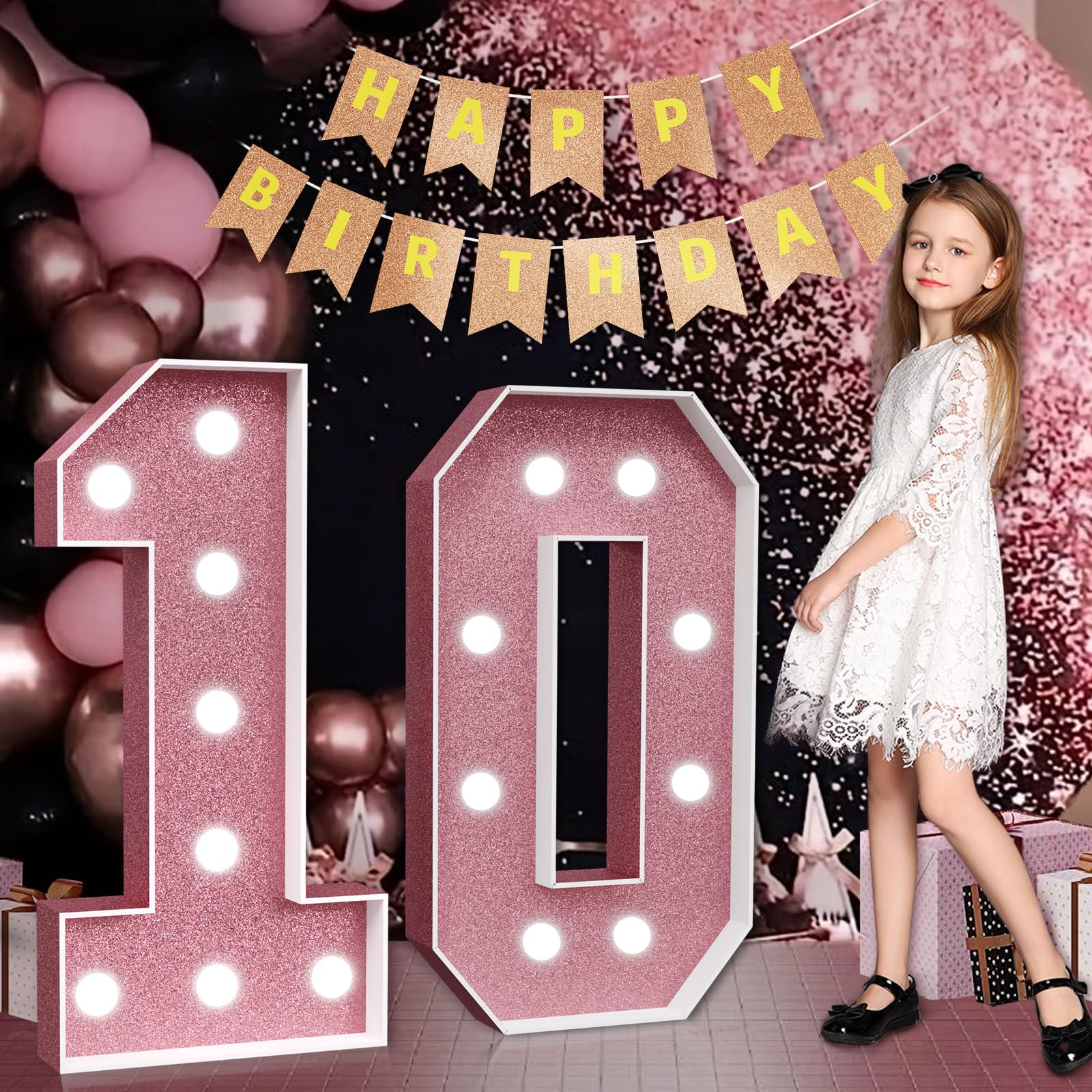 Marquee Numbers Pink 10th-Birthday Decorations: Large 3ft Light Up Number Rose Gold 10 Birthday Decoration for Boy Girl Ten Year Old Birthday Decor