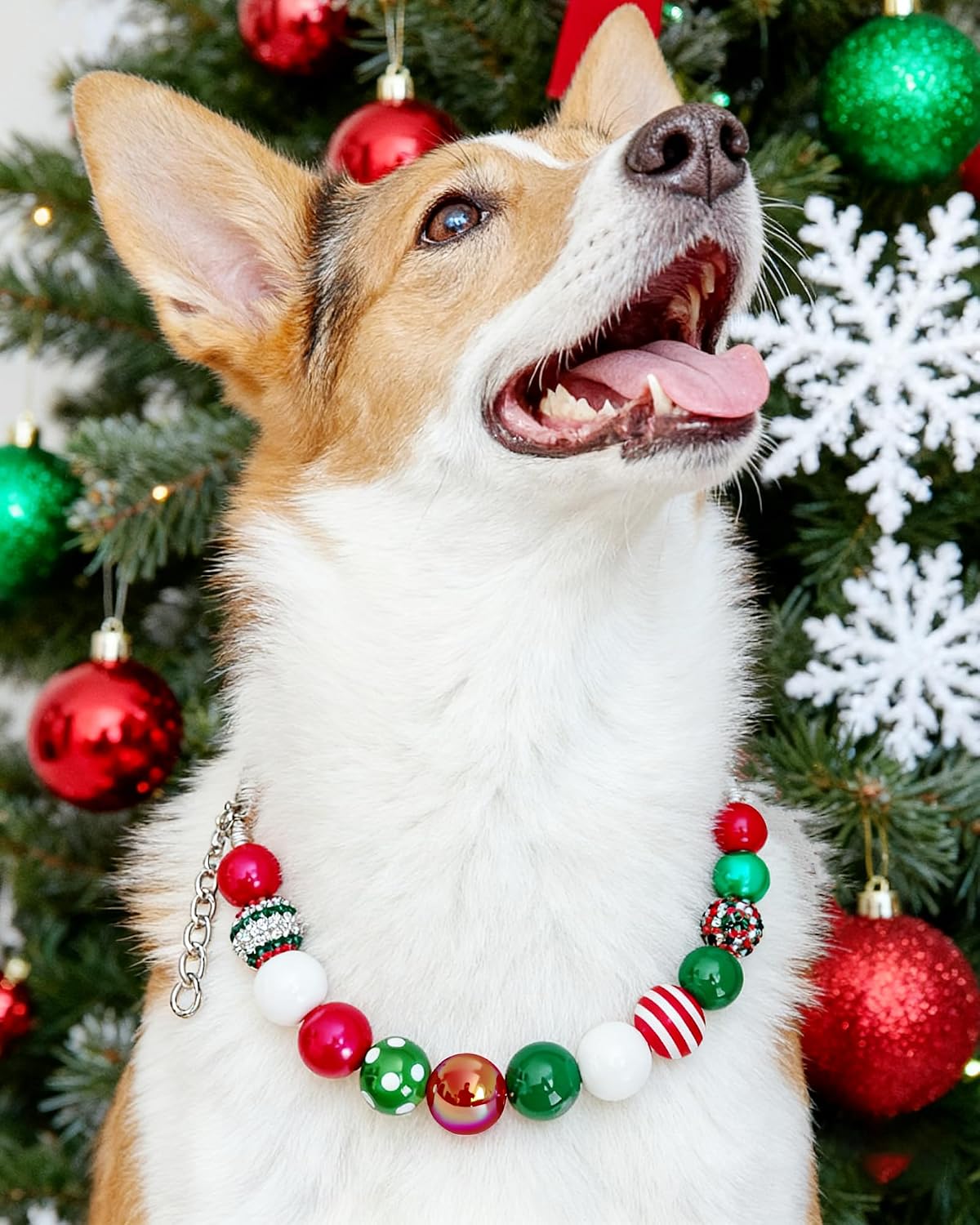 Christmas Bubblegum Dog Collar Necklace, (Beads 20mm) Classic Red & Green Chunky Pearl Collar with Adjustable Chian for Christmas Photos & Holiday Parties Medium Large Dogs(L(17"-18.5"))