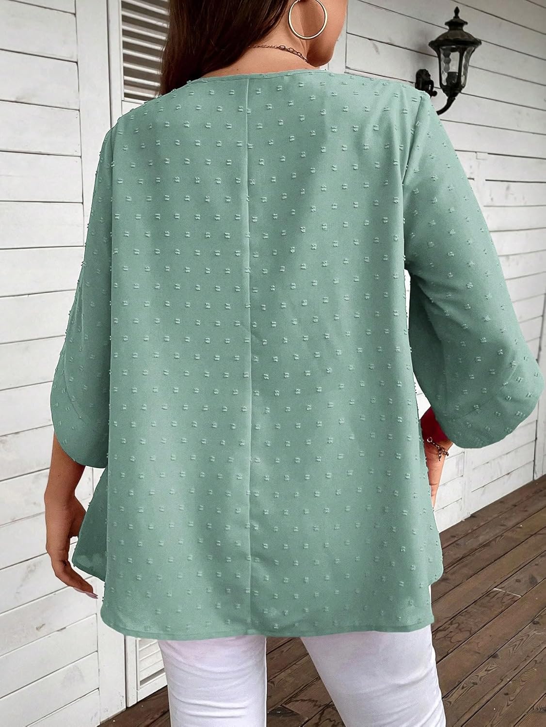 WDIRARA Women's Plus Size Swiss Dots Round Neck Button 3/4 Sleeve Blouse Casual Top Mint Green 0XL - Image 2