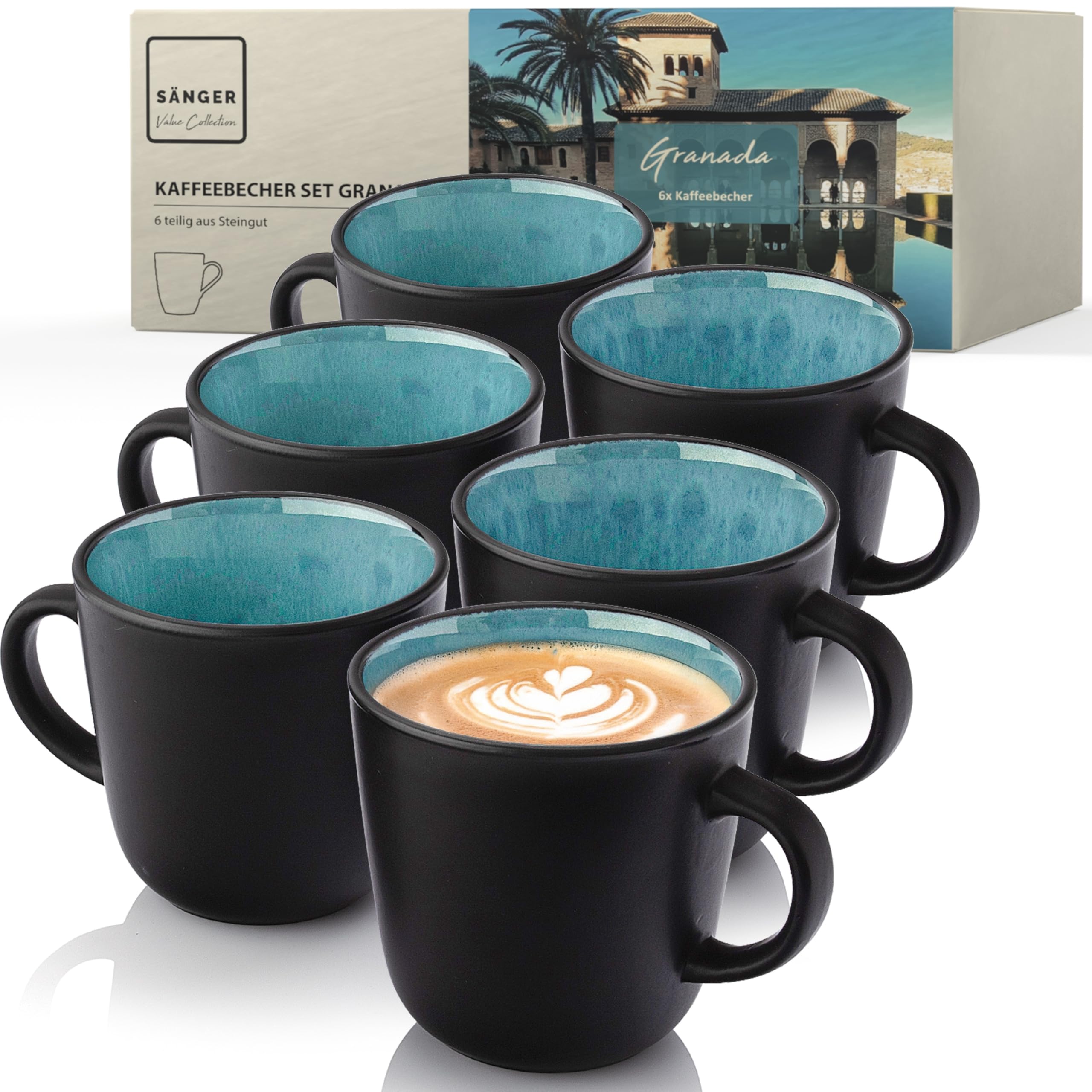 SÄNGER Granada | Kaffeebecher 6 Personen, Steingut Kaffeetassen Set 6er, Tassen Teetasse spülmaschinenfest mikrowellenfest, Coffee Mug blau mit schwarzem Rand 430 ml | VALUE COLLECTION