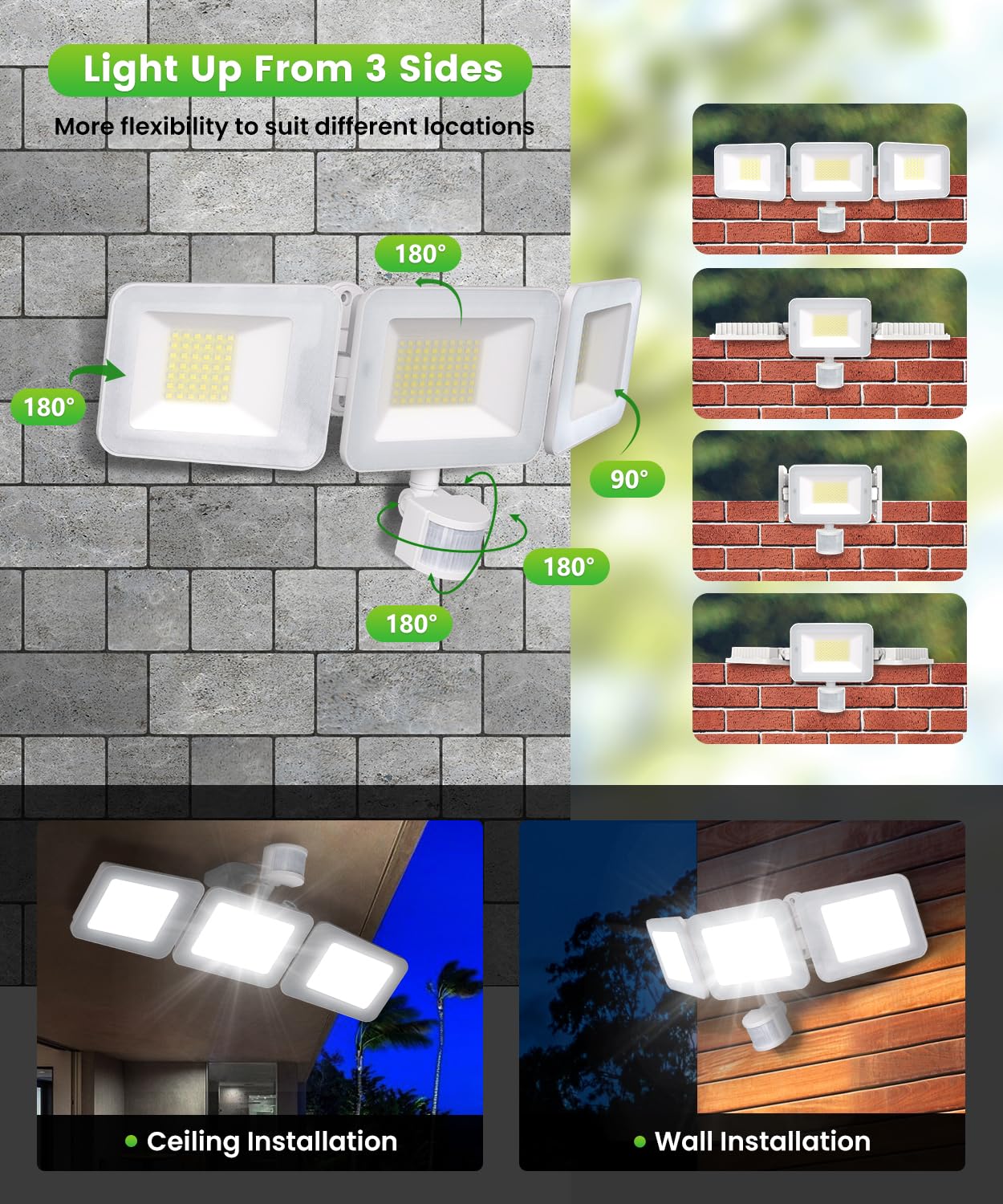 MEIHAU Faretto Led Da Esterno Con Sensore Di Movimento 100W 9600LM | Faretti Led Da Esterno Con Telecomando 3 Teste 270° Fari LED Esterno 6500K Faro Led Da Esterno IP66 Impermeabile Per Garage