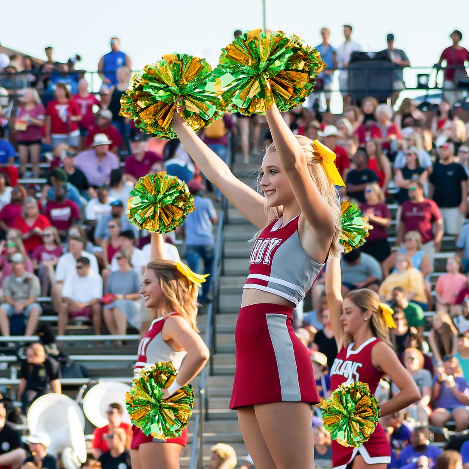 Creatiee metaliczne pompony cheerleaderki dla dzieci, 2 pary cheerleaderek, cheerleaderki, pompony dla chłopców, dziewcząt, szkoły, gry sportowe, duch drużyny, cheerleaderka, zielone złoto, 4 szt