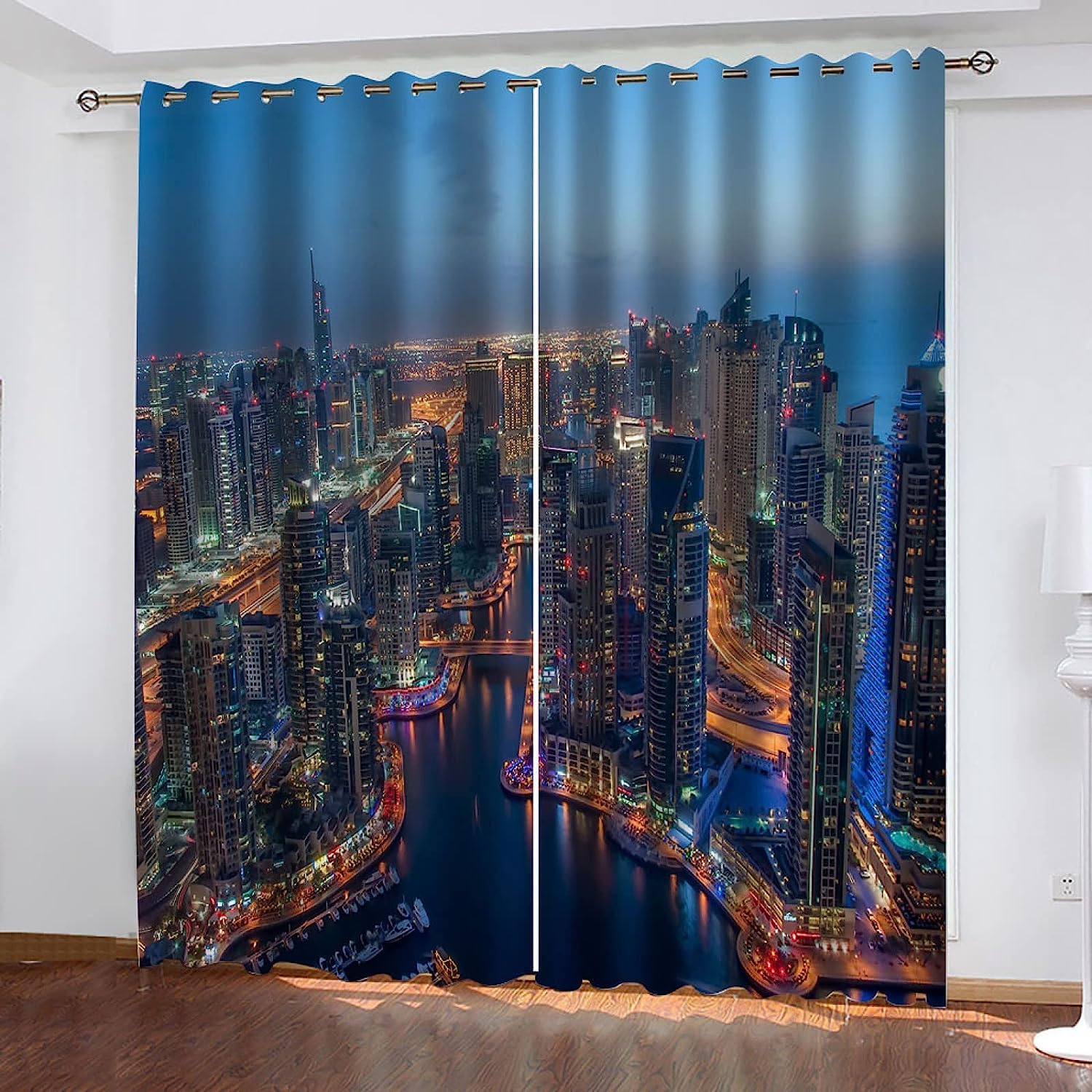 3D Curtains For Bedroom - Skyscraper Night View Room Darkening Eyelet Thermal Insulated Change Printed Curtains Curtains, Two Panels Suitable For Be