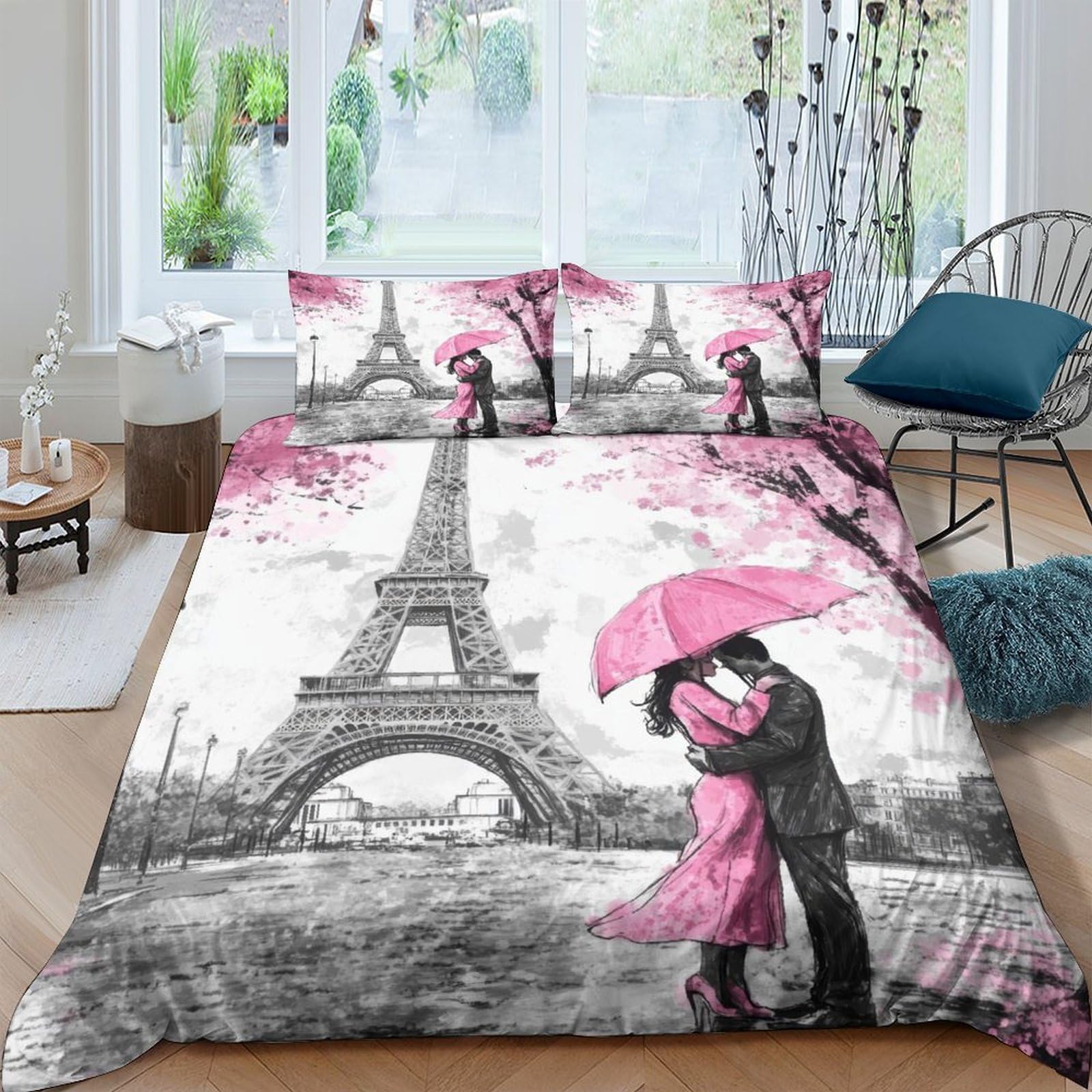 Ctjqhvkz Style-4 3D Printed Eiffel Tower Lovers Fitted Sheet Microfiber Pink Paris Romance Mattress Cover Bedroom Decor Single（135X200cm）