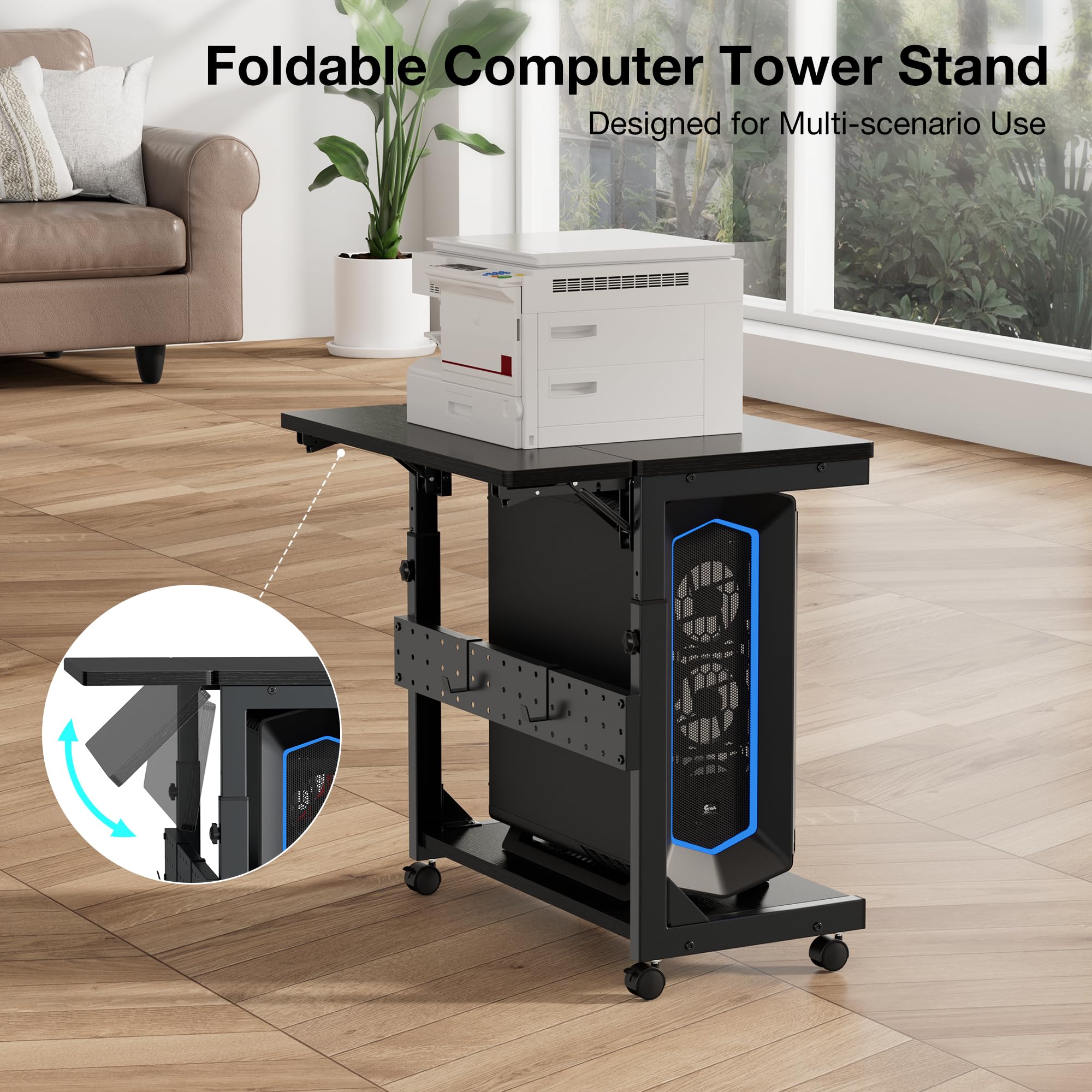 Höhenverstellbarer Computer PC Tower Ständer mit Rollen, Maus Pad & Klappablage – 2-stufig PC Hhalterung unter Schreibtisch für Gaming & Büro – Mobiler Druckerständer für ATX-Gehäuse