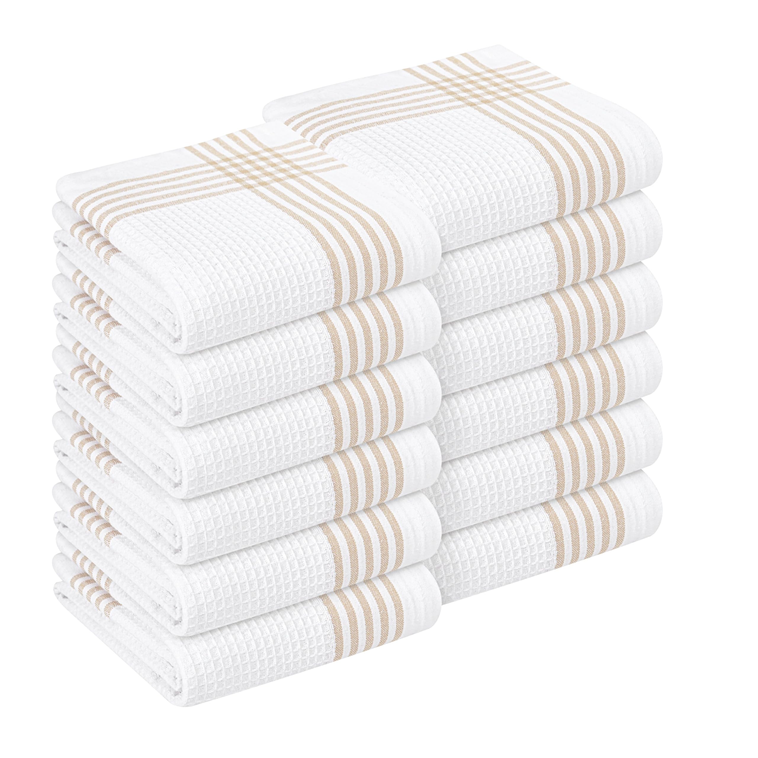HEIRLOOM COMFORT Beige and White Waffle Kitchen Towels 12 Pack, 100% Cotton, 40x66 cm, Ultra Absorbent, Fast Dry Dish Towels, Reusable Dishcloths for Drying, Cleaning, Kitchen Use — image 1