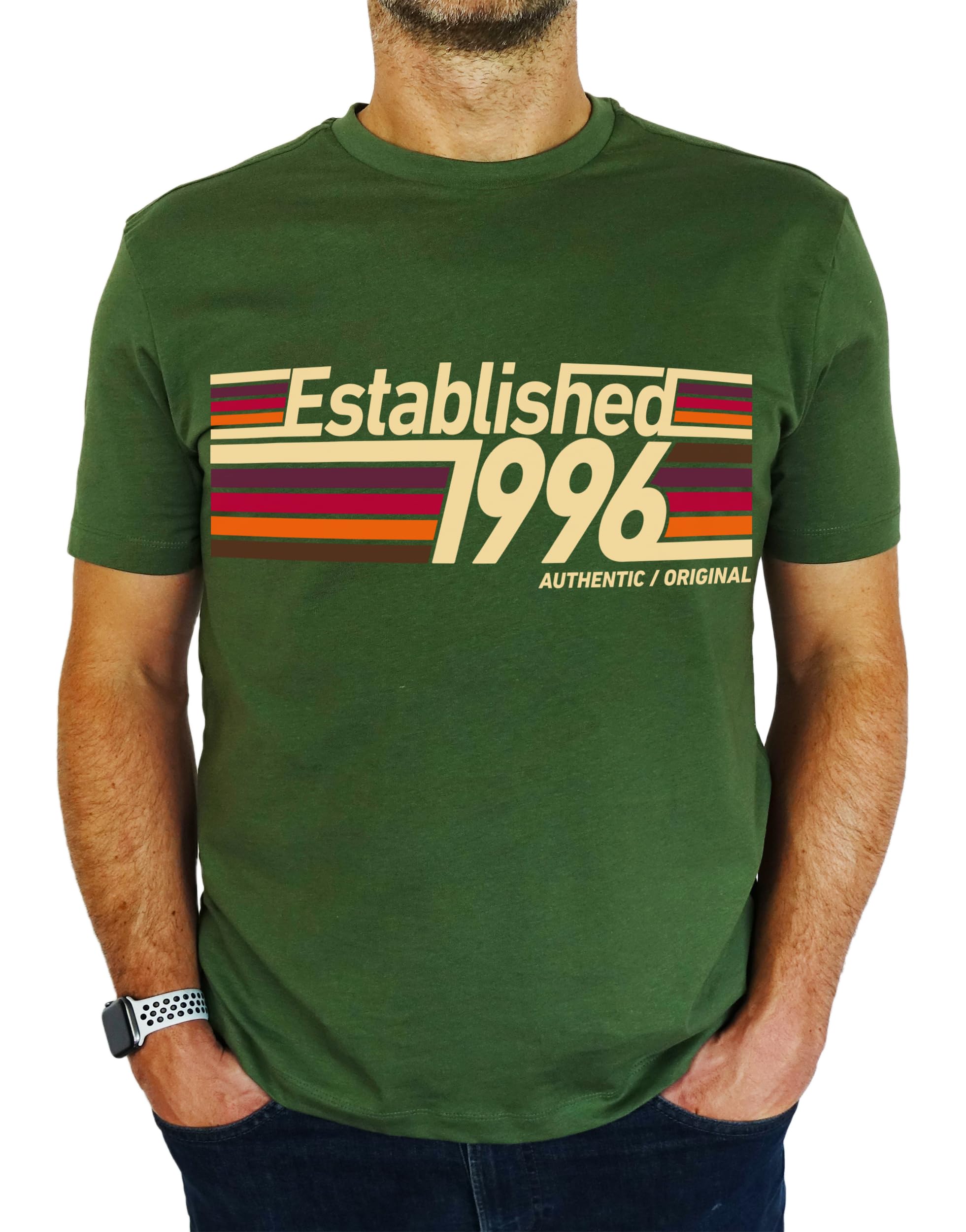 My Generation Gifts Men's Earthy Green 1996 Established Retro Stripes - 30Th Birthday Gift | Present T-Shirt L