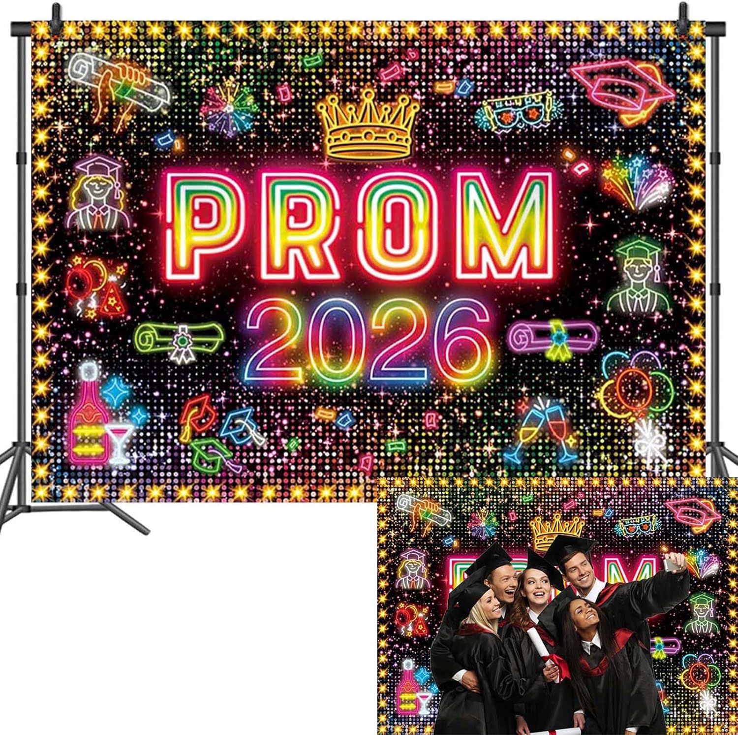 Prom Send Off 2026 Backdrop Crown Graduation Prom Night Party Photoshoot Background 2026 Neon Graduates Send Off Party Decoration Banner Photo Props (8x6FT(94 x 70 inch))