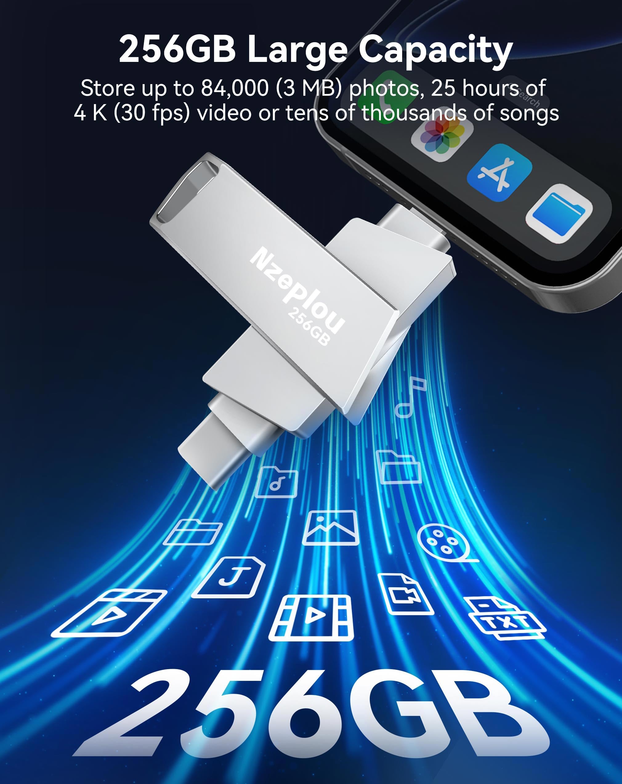 Pamięć flash 256 GB do iPhone'a iPada, szybka pamięć USB 3.0, nie wymaga aplikacji, oświetlenie i pamięć zewnętrzna USB-C, do zdjęć, filmów, kopii zapasowych zdjęć, pendrive Plug & Play, srebrny