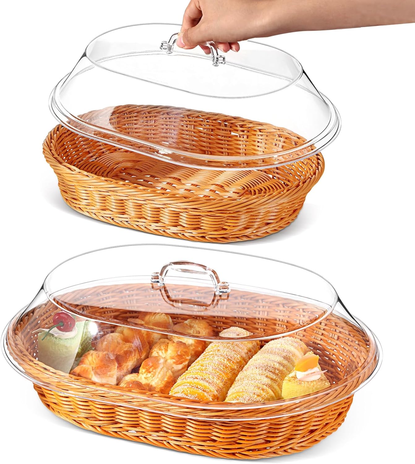 Hushee 2 Set Imitation Rattan Bread Basket with Lid Wicker Bread Baskets for Serving Woven Fruit Basket with Cover Oval Food Baskets for World Baking Day(13.78 x 9.84 Inch, 15.75 x 11.81 Inch)