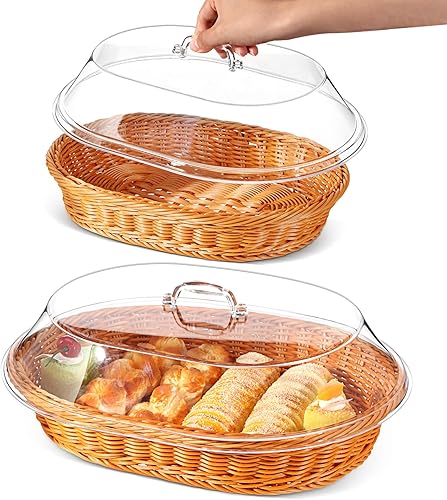 Miniatura 8 de Juego de 2 cestas de pan de ratán de imitación con tapa, cestas de pan de mimbre para servir cestas de frutas tejidas con tapa, cestas ovaladas para
