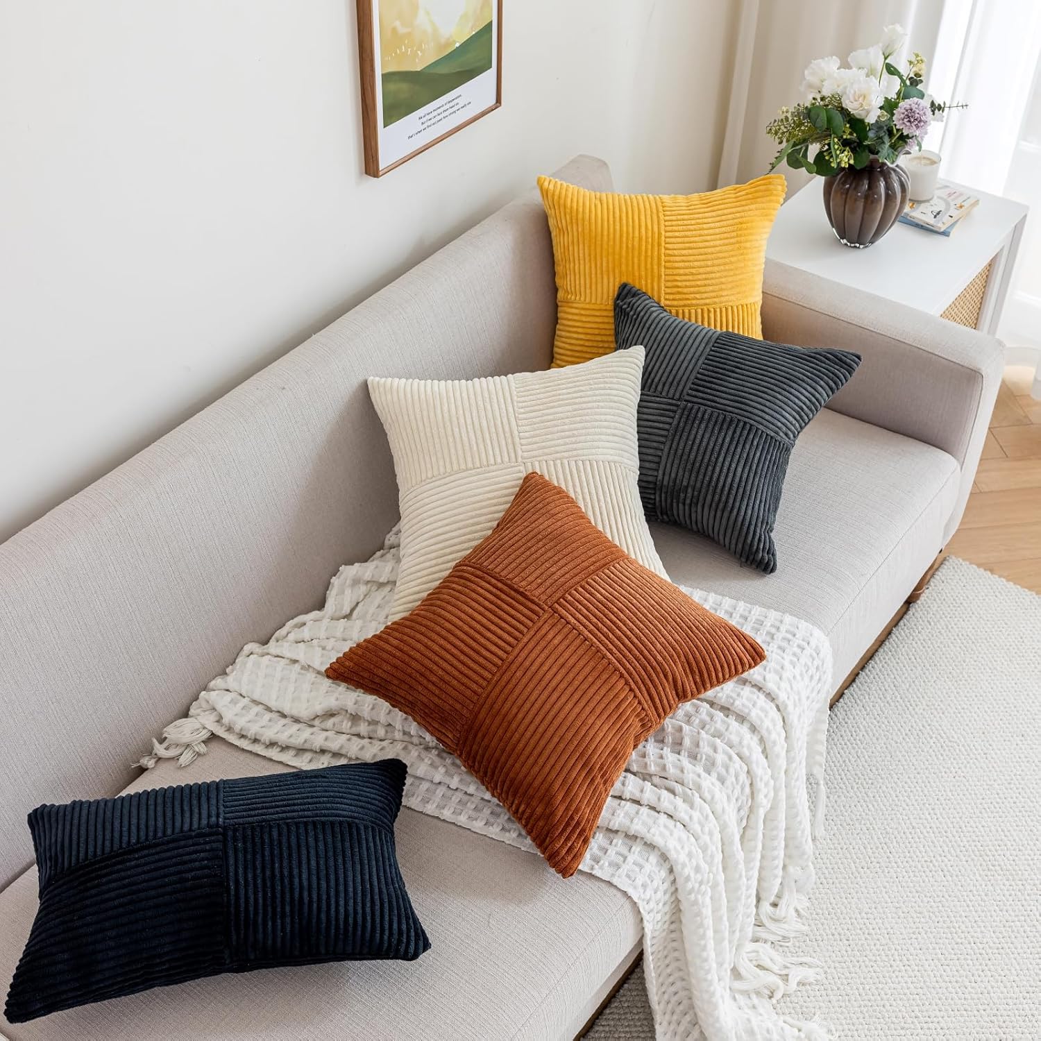 Pack of 2 Corduroy Christmas Decorative Throw Pillow Covers 20x20 Inch Boho Spliced Pillow Covers Farmhouse Modern Home Decor Lumbar Pillowcase for Sofa Living Room Couch Bed Beige - Image 7