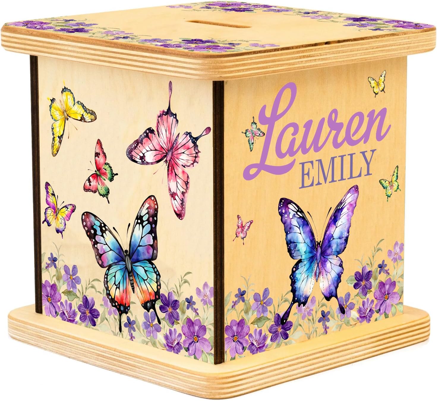 Personalized Piggy Bank, Wooden Money Banks for Kids, Custom Gifts for Boys and Girls, Personalized Piggy Bank for Girls (Butterfly DK43)