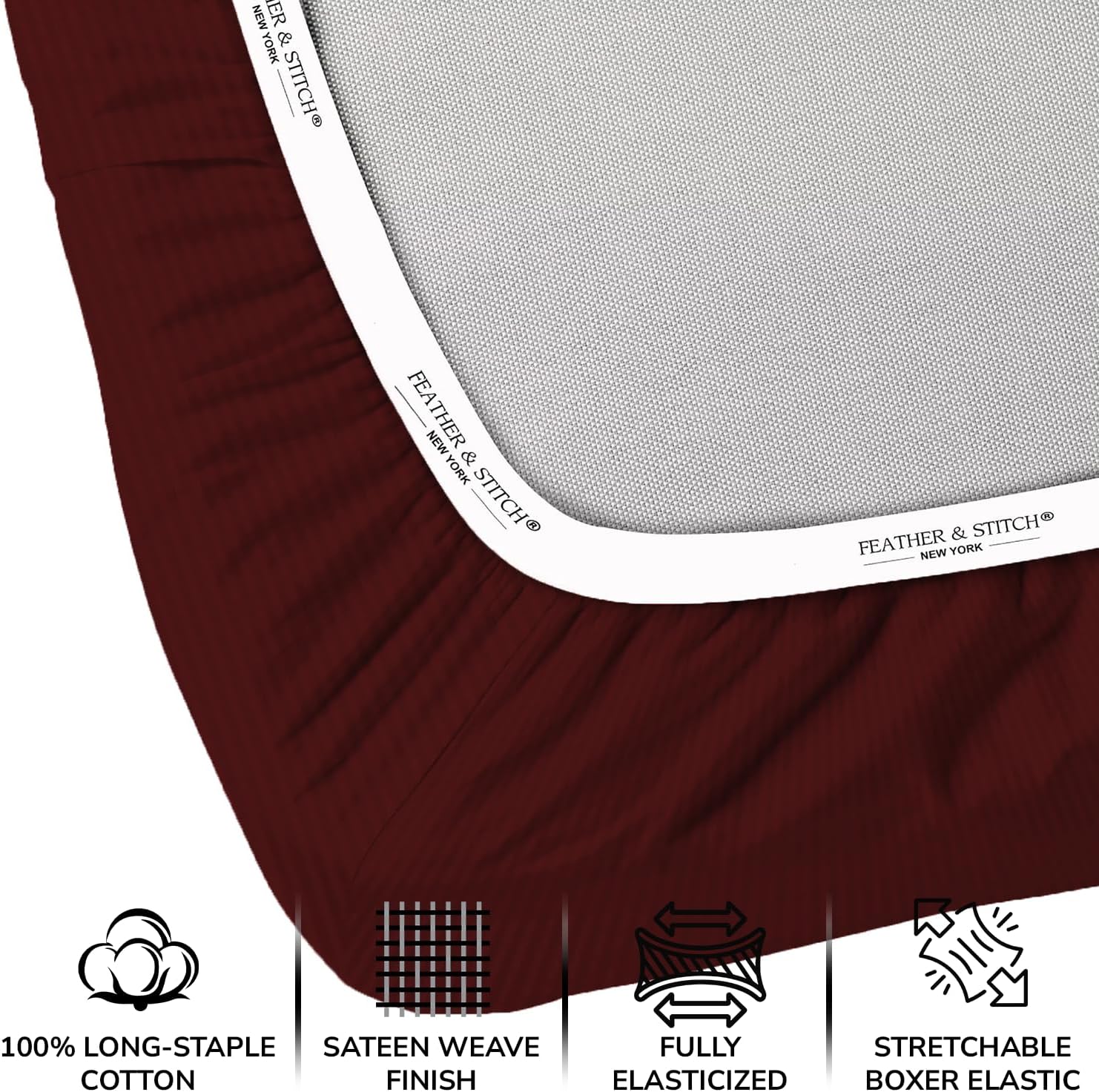 Feather & Stitch 1 Piece Fitted Sheet Twin Size, 100% Cotton Damask Sateen Weave, Striped Breathable, Stretchable Elastic Sheet for Mattress 18 inch Deep Pocket, 500TC Premium Ultra Soft - Burgundy