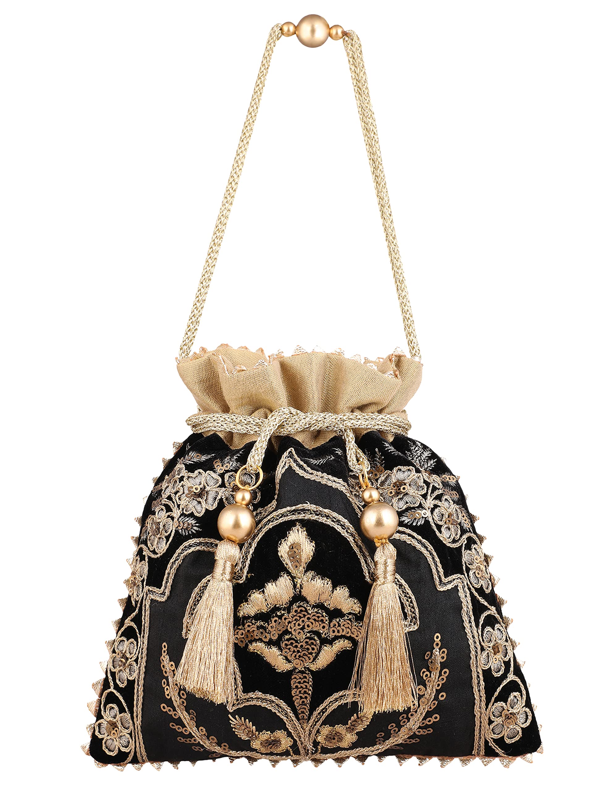 MASQ by Q-One Embellished Silk Potli Bag, Handbag, Wristlets, Clutch for Women, Girls with Handmade Embroidery, Sequin, Beads Work for Parties, Weddings and Special occasion