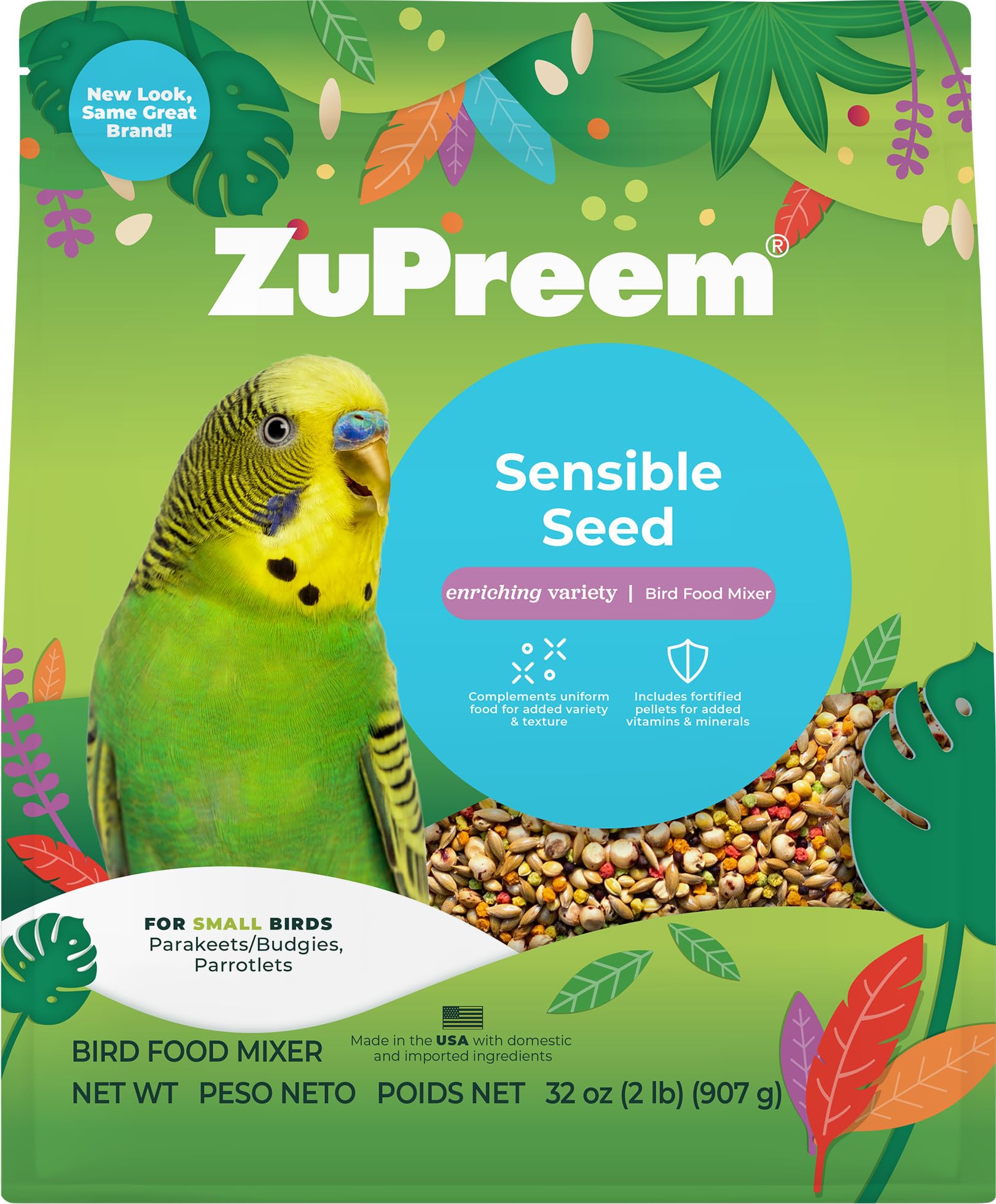 ZuPreem Sensible Seed Bird Food, Parakeet, Budgie, Parrotlet, Dove, Seed and Pellet Blend for Small Birds, Food Mixer Topper, Enriching Variety, Made in USA, Parakeet Seeds (S, 2 lbs)