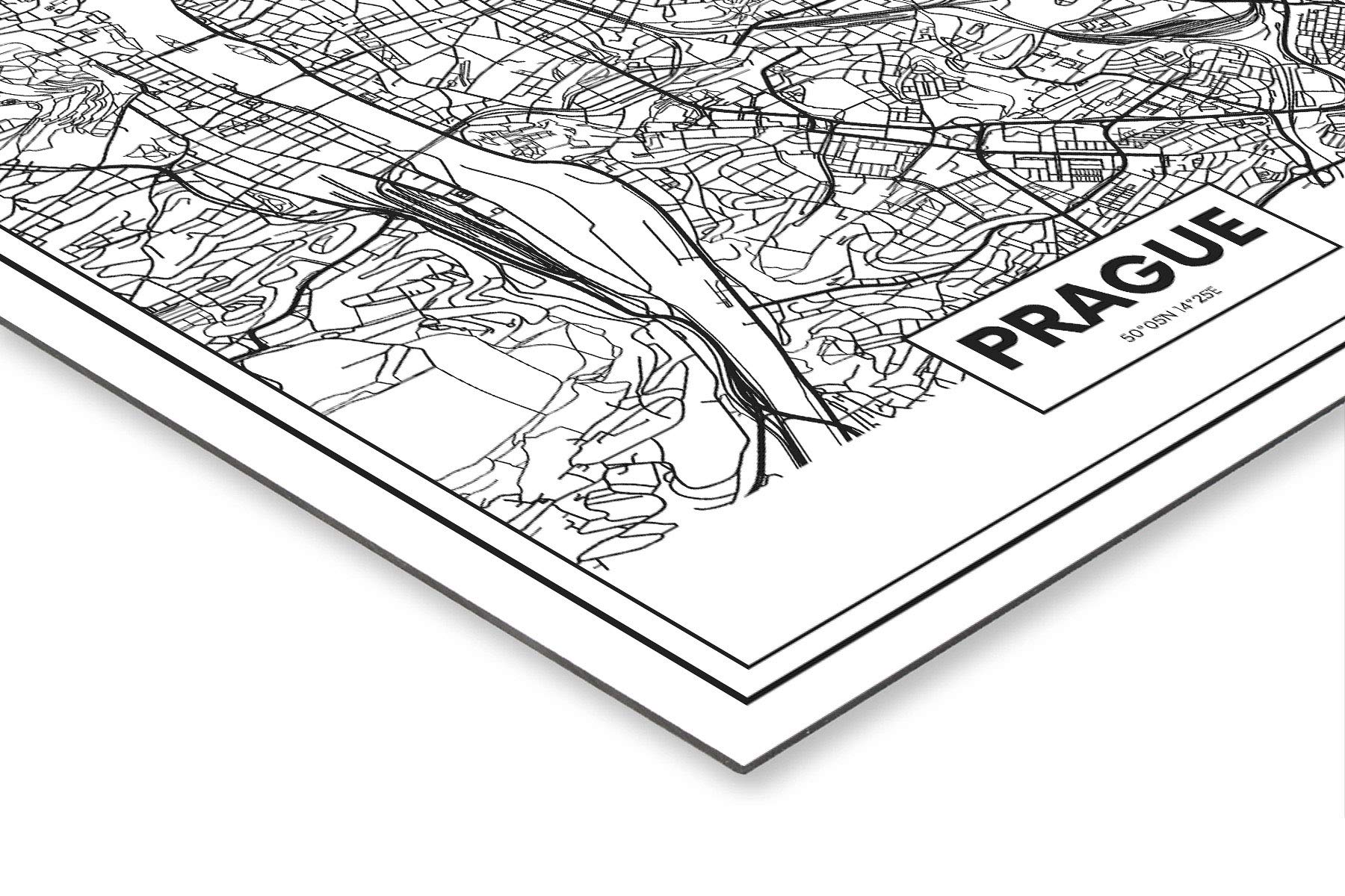 Panorama Dibond Aluminium Carte de Prague 70 x 100 cm - Tableau Villes du Monde Noir et Blanc - Tableau Moderne pour la Maison