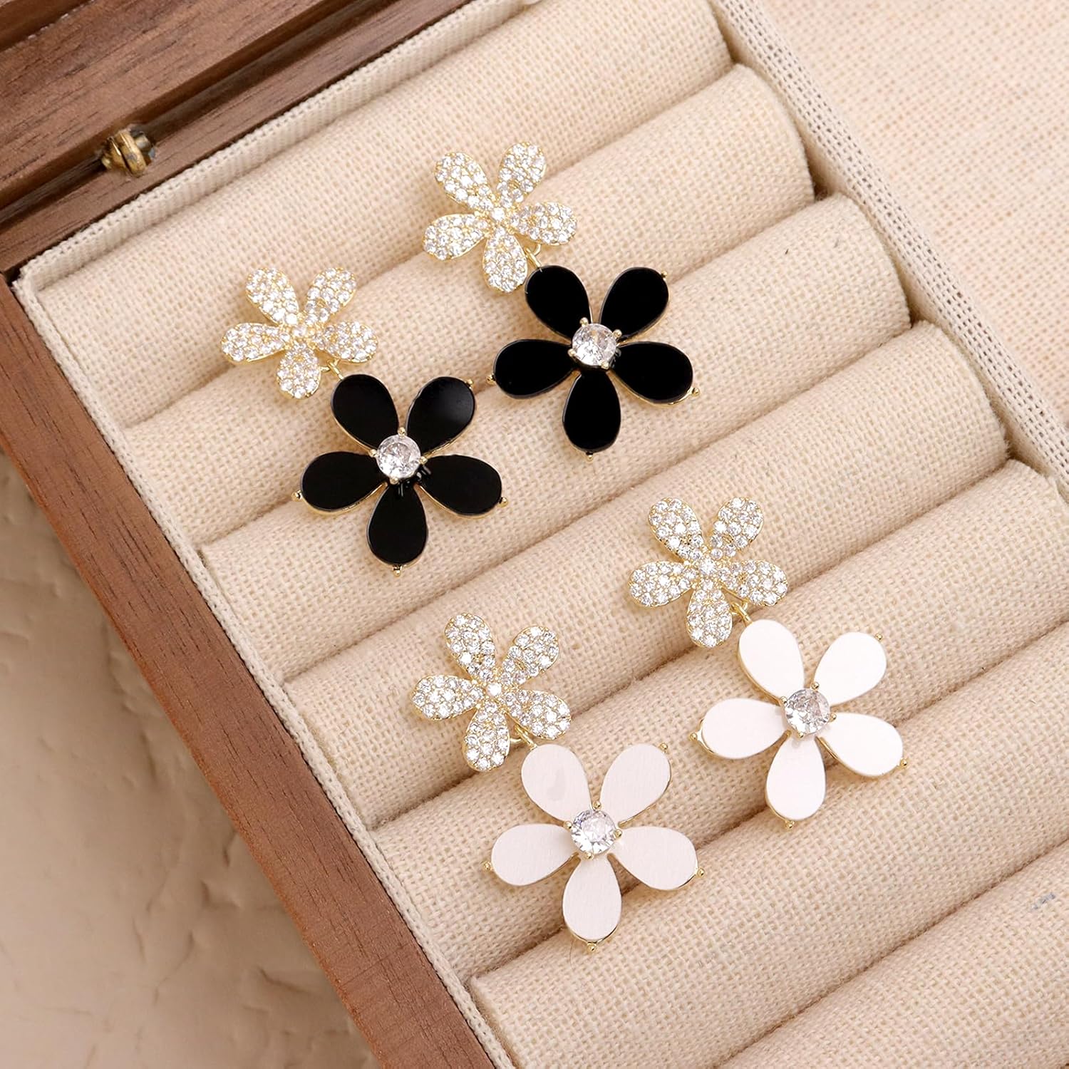 Chunky White Black Flower Dangle Earrings for Women, Trendy Hypoallergenic Rhinestone Long Five Petal Dangling Earing Spring Birthday Holiday Jewelry Gift - Image 7