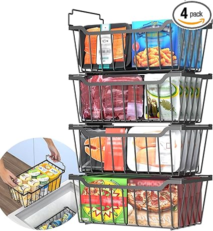 Freezer Organizer Bins with Foldable Handle 4 Pack Stackable Freezer Baskets.