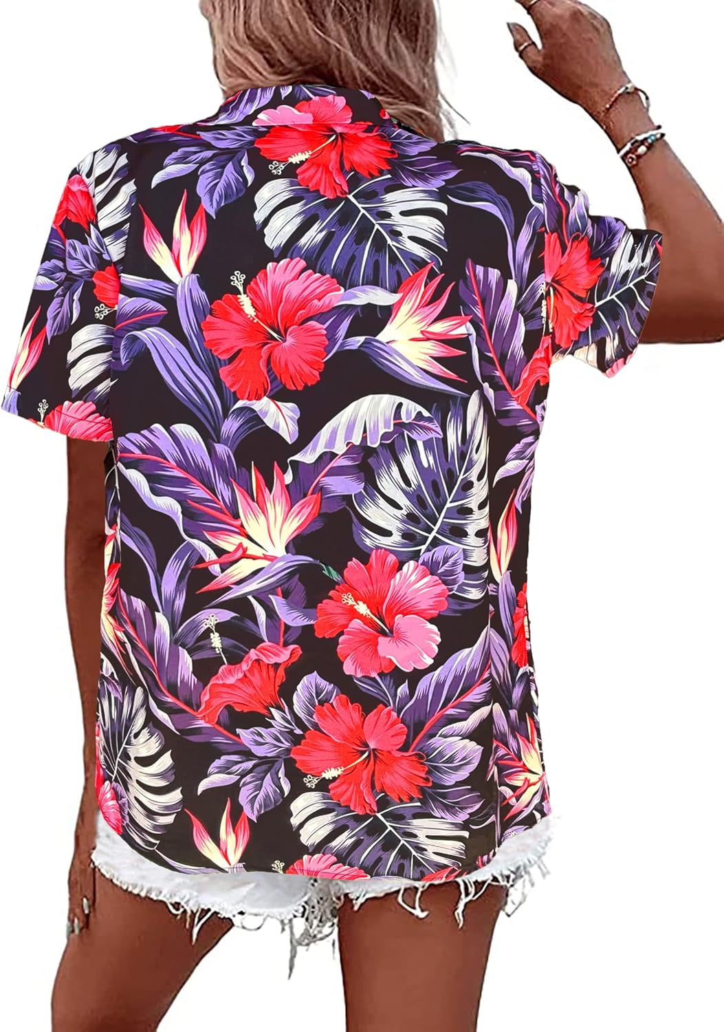 Hawaiian Button Up Shirts Women Floral Palm Trees Graphic Tees Hawaii Vacation Beach Short Sleeve Blouse Tops - Image 5