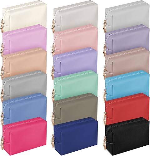 Chunful Juego de 18 bolsas de cosméticos a granel para mujeres, de piel sintética, con cremallera, bolsa pequeña resistente al agua, bolsa de aseo