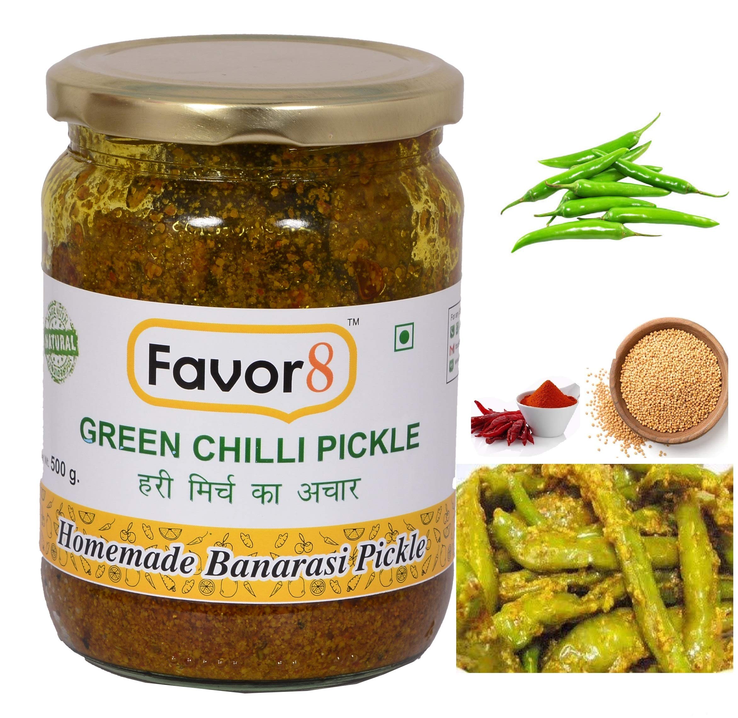 Favor8 Home Made Indian Traditional Spicy Green Chilli Pickle|Hari Mirch ka Achar| Made by Pure Mustard Oil| Tangy, Spicy and Salty| Pickle in Glass Jar - 500g