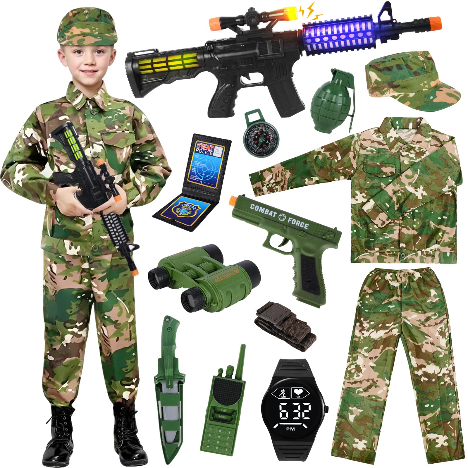 Déguisement Militaire Enfant – Tenue Camouflage Avec Accessoires (walkie, Jumelles, Grenades) – Halloween, Carnaval