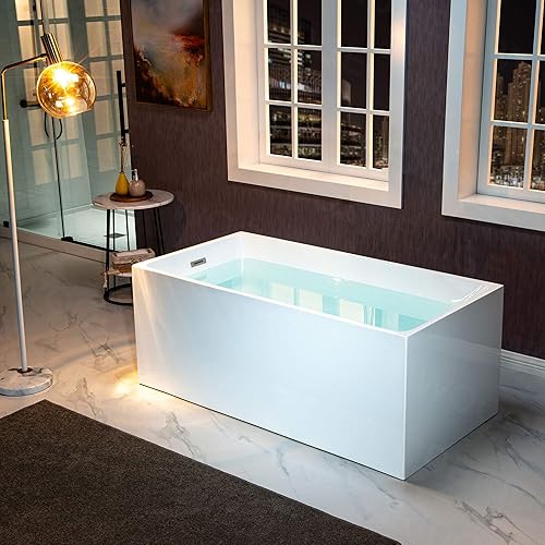 Vista 23 de WOODBRIDGE Bañera de acrílico independiente de 67 pulgadas, bañera blanca de remojo contemporáneo con desbordamiento y drenaje negro mate, Mate