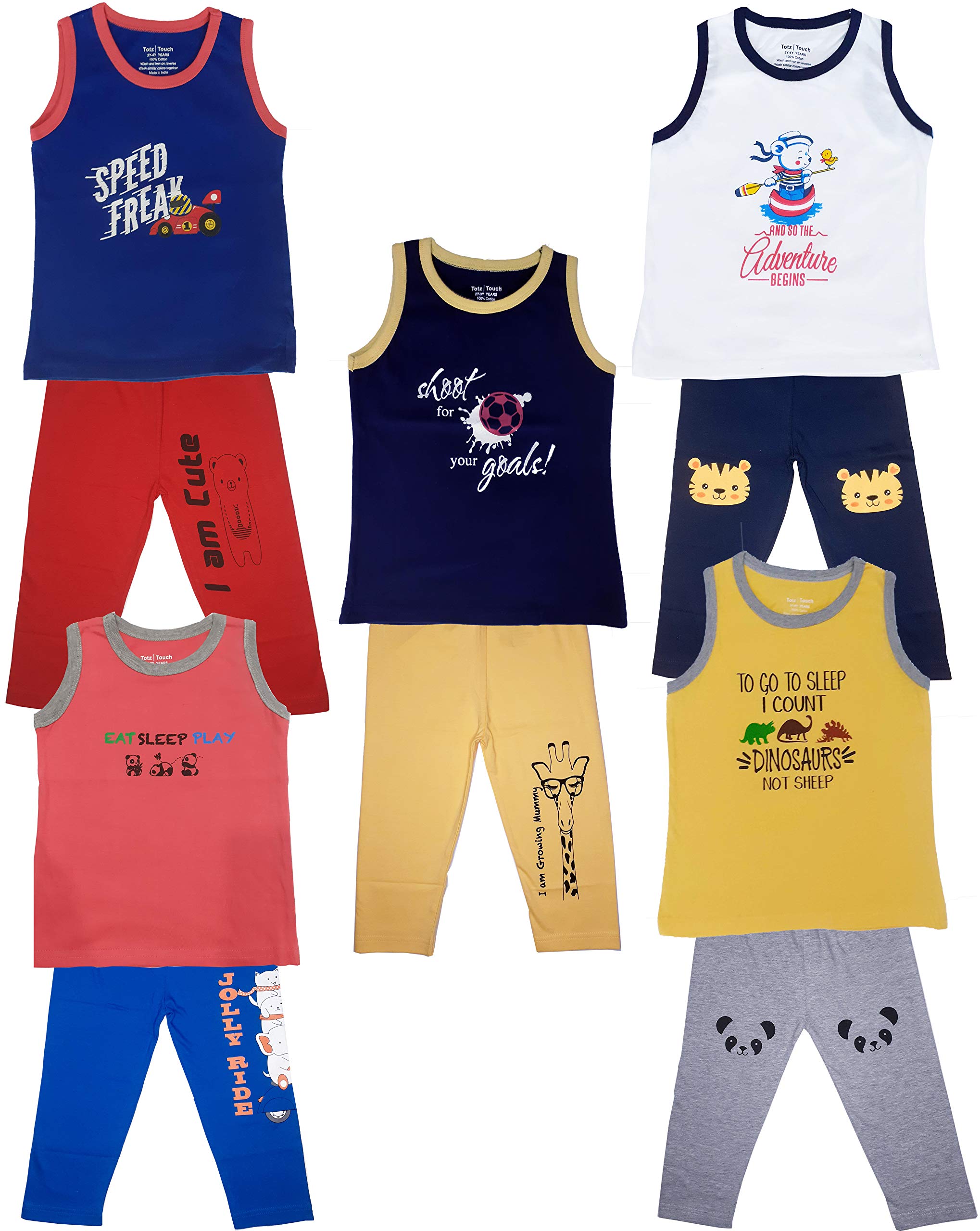 TotzTouch Baby | Kids Sleeveless T Shirt Pajama Pant Set Cotton Combo Pack of 5 with Cute Prints