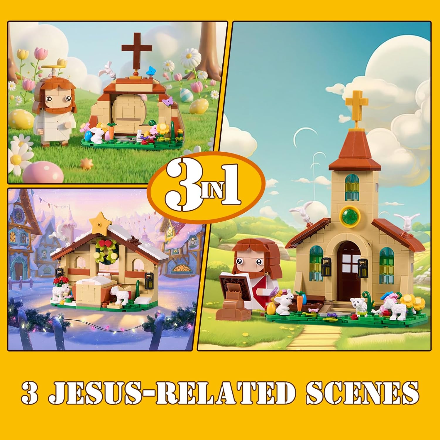 Jesus 3 in 1 Building Block Toy Set Compatible with Lego, Easter Nativity Scene Church Missionary and Resurrection, Religious Cross Jesus Figure Christmas, Christian Catholic Gift (454PCS)