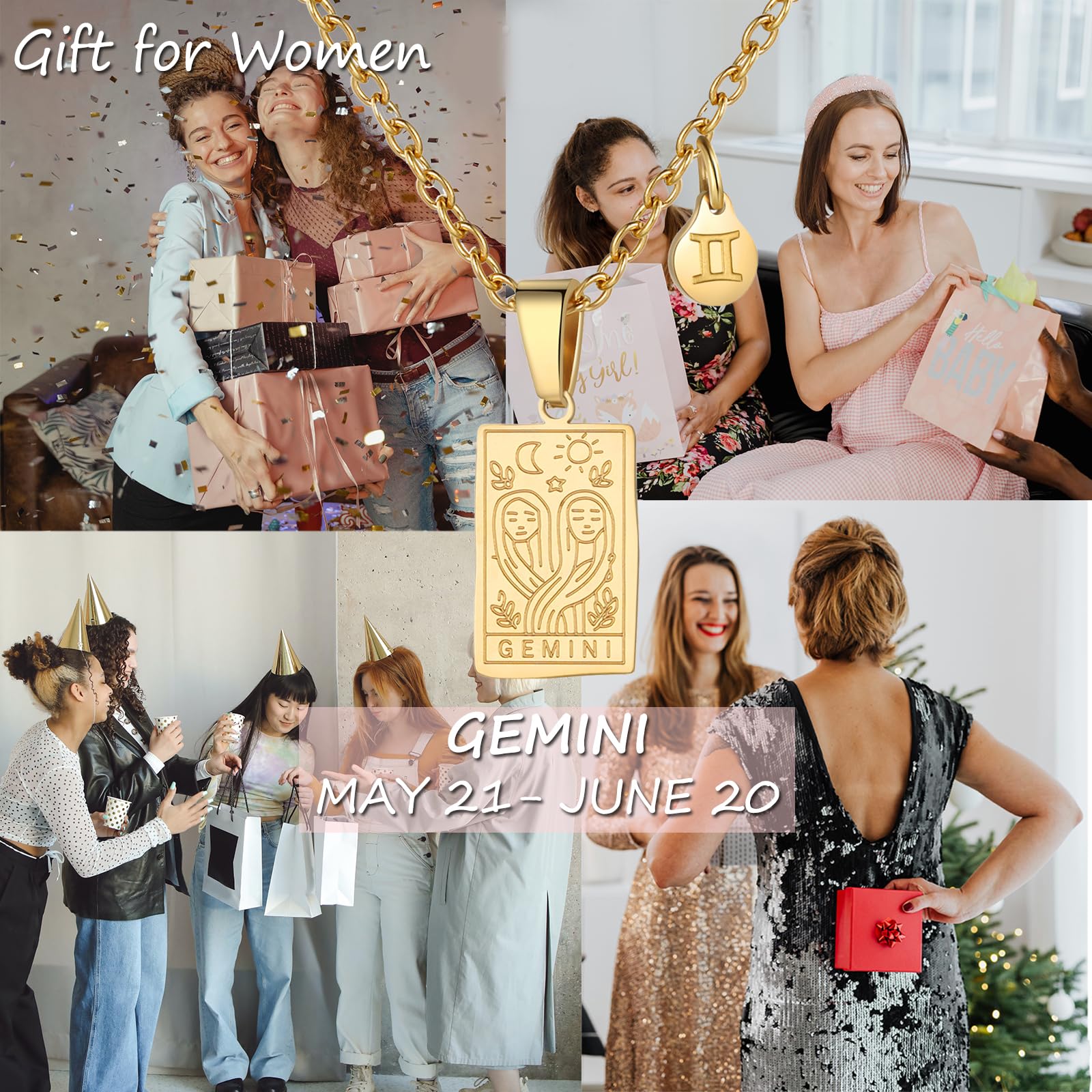 Zodiac Sign Necklace for Women Constellation Tarot Card Pendant Double Sided Gold Stainless Steel Waterproof NonTarnish Friendship Jewelry Gift: Gemini