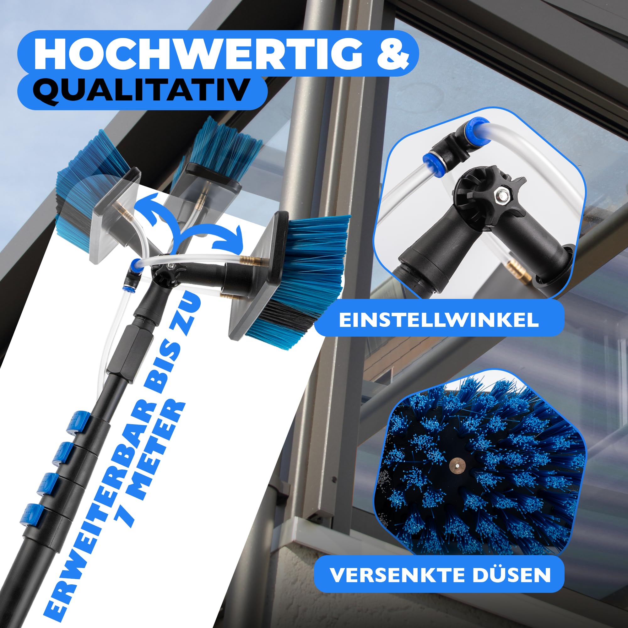 Brosse de Lavage télescopique NTG pour Le Nettoyage des installations solaires et des fenêtres| Version 4,6 mètres ou 7 mètres | avec raccordement à l'eau et Distributeur de Savon