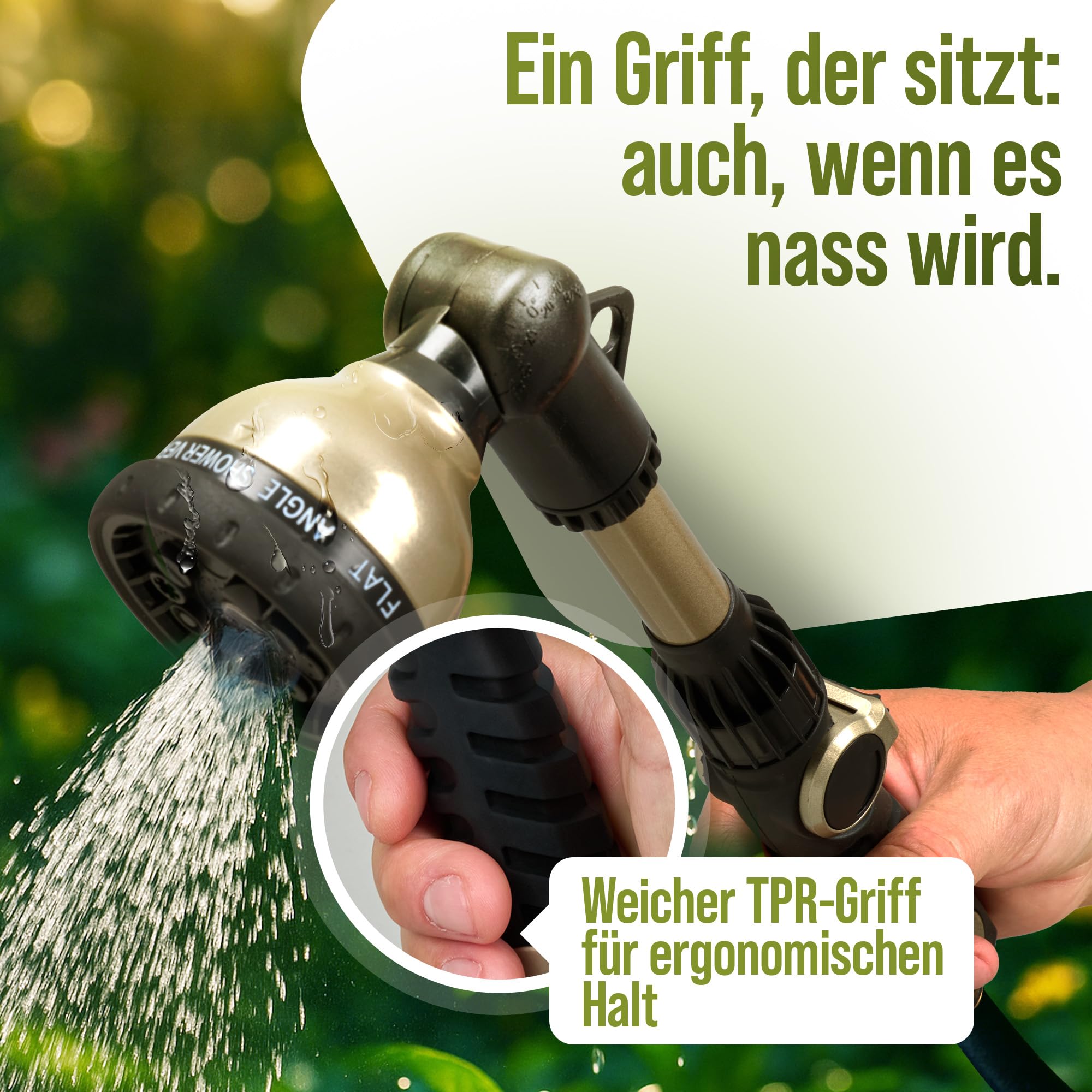 rainfactory Gießstab für Garten [10 Sprühmodi] Metall-Brausestab, langer Aluminium Comfort-Stab | Gartenbrause mit Messingadapter für schnelle Befestigung | Multibrause für Blumendusche & Beete